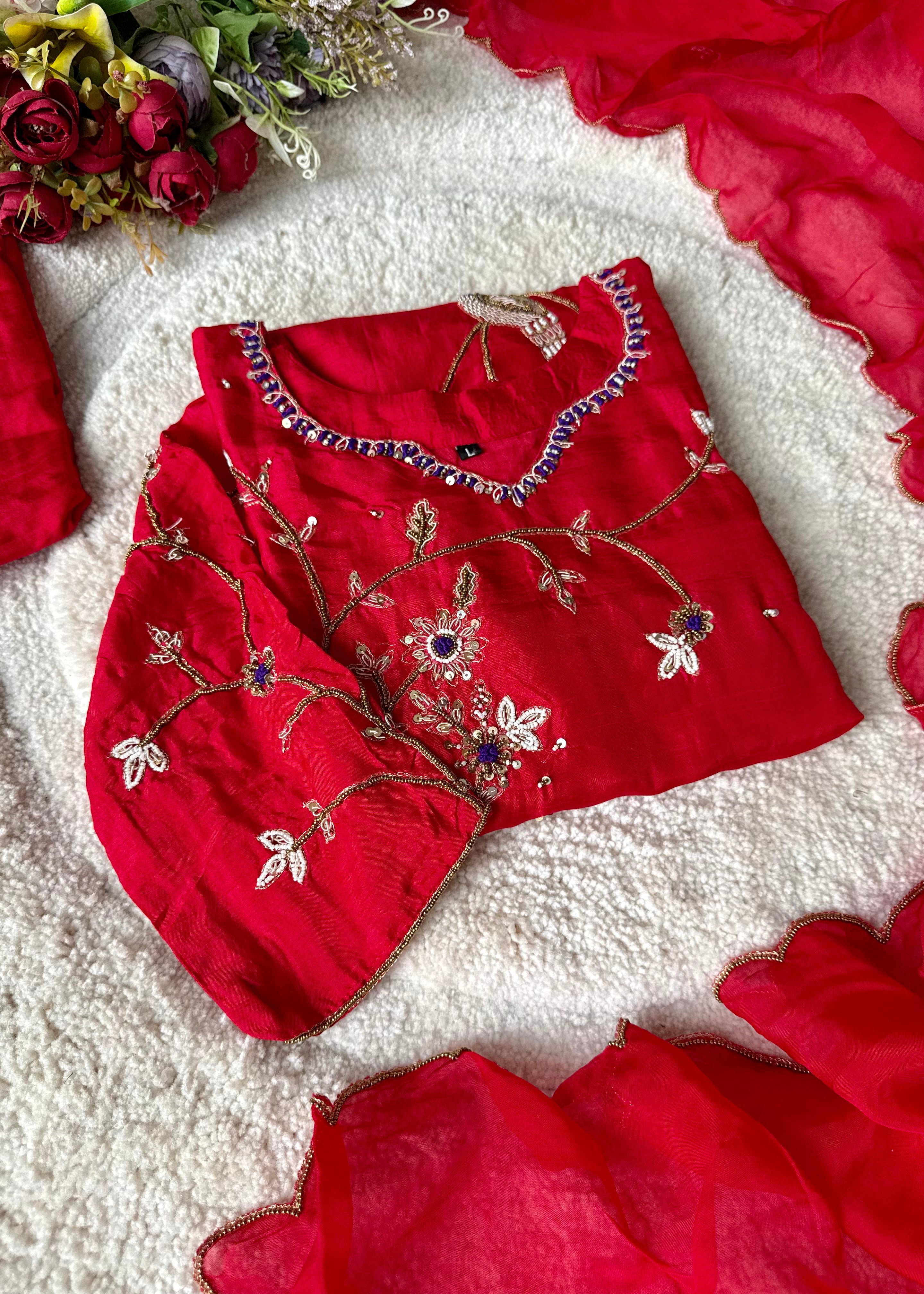 “Peacock” Deep Red Dola Silk Peacock Handwork Suit Set