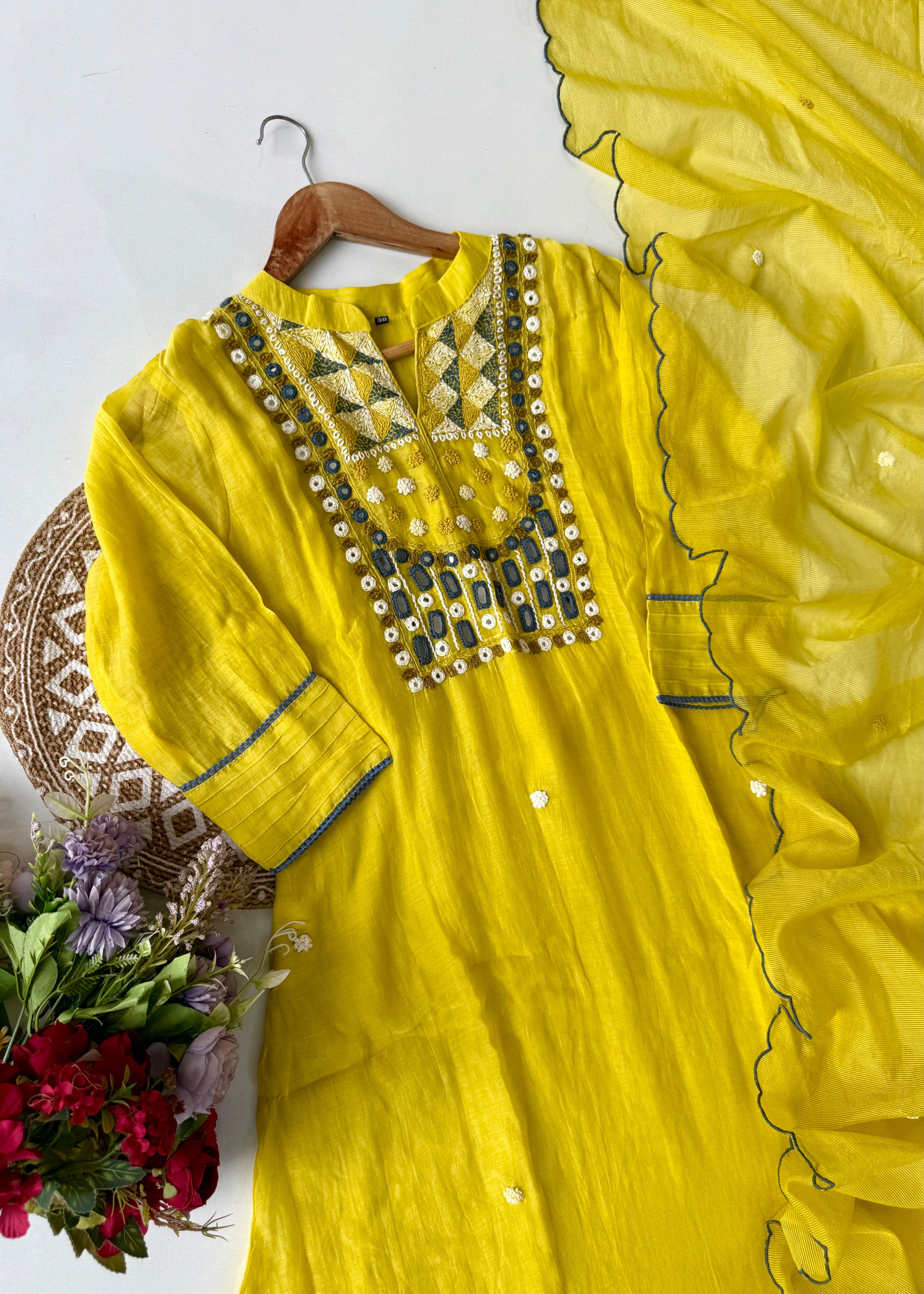 “Mirror” Lemon Yellow Mul Chanderi Mirror Work A Line kurta set