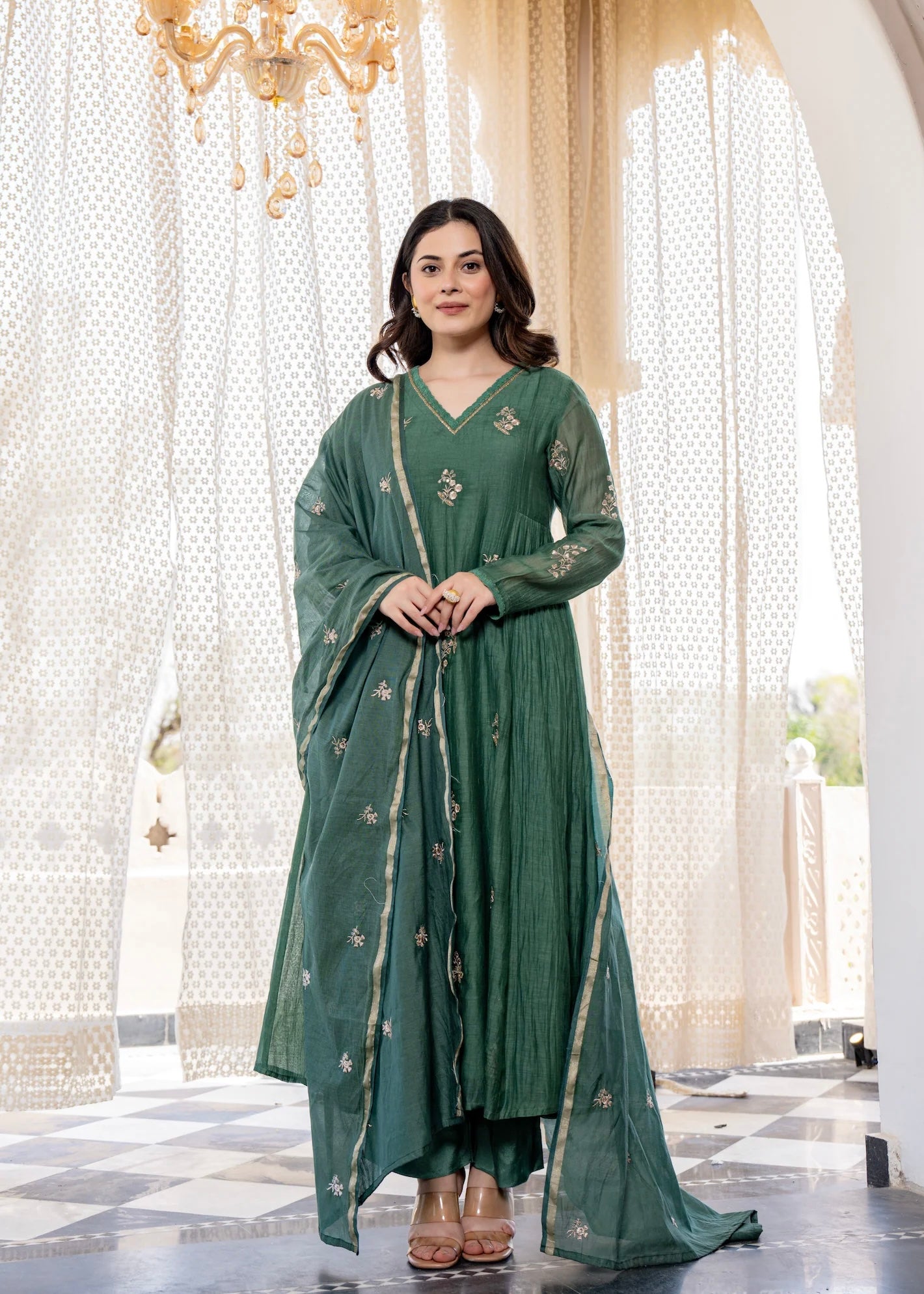 “CHHAVI” Olive Luxe Mul chanderi anarkali suit set
