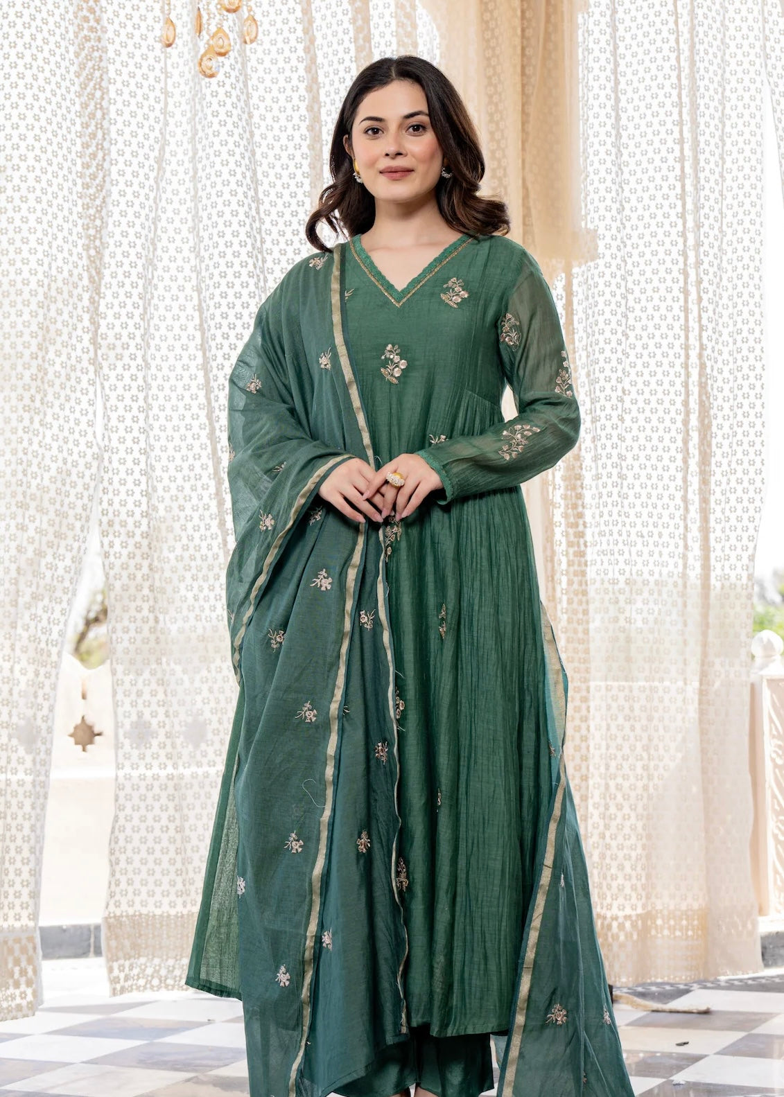 “CHHAVI” Olive Luxe Mul chanderi anarkali suit set
