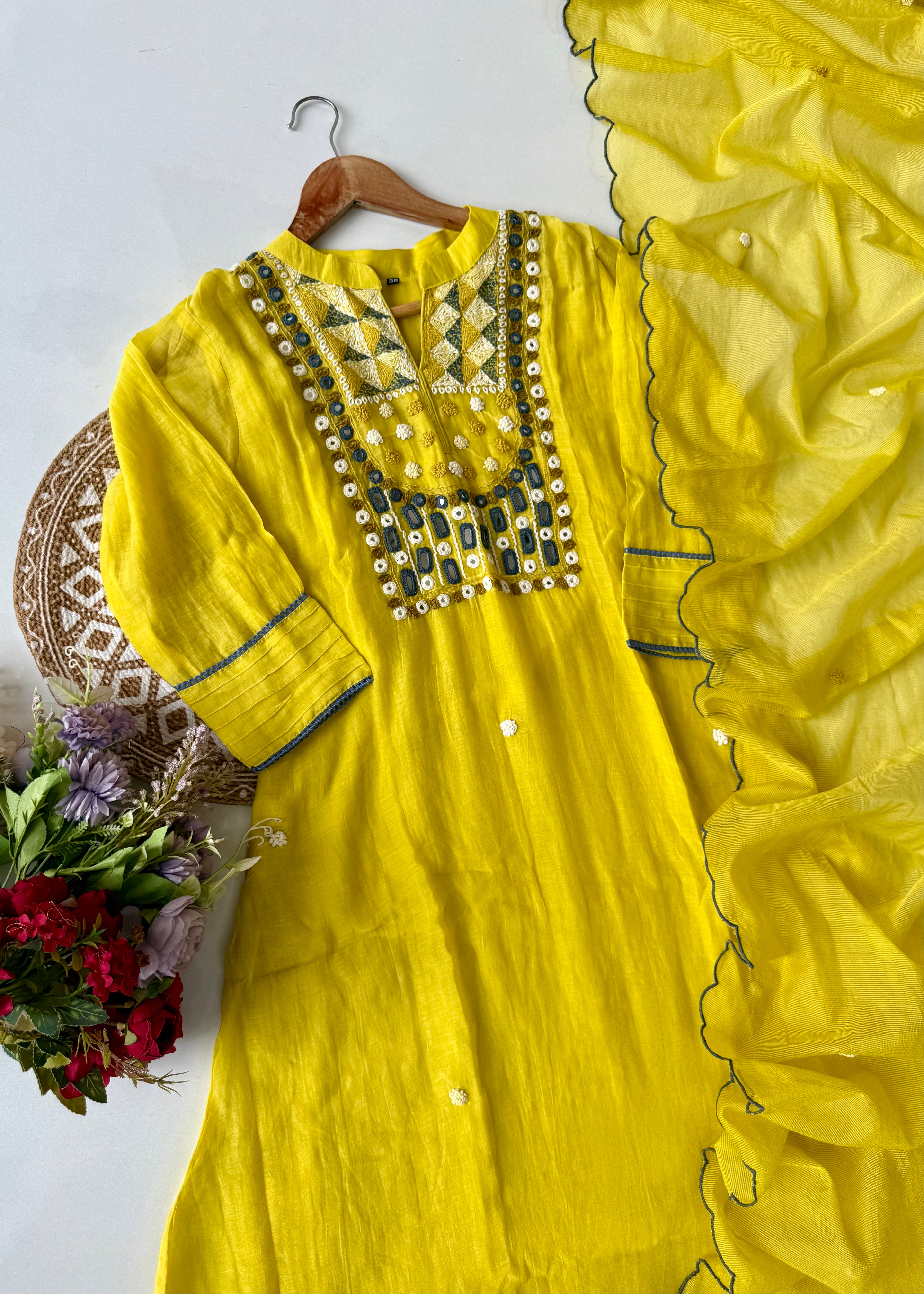 “Mirror” Lemon Yellow Mul Chanderi Mirror Work A Line kurta set