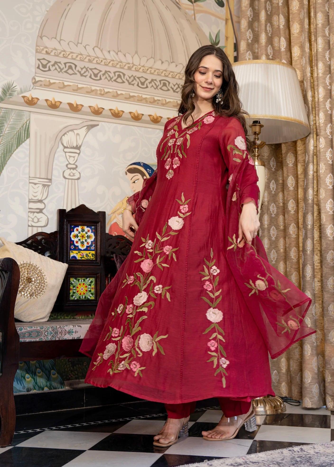 “ROSE” Premium embroidered Mul chanderi anarkali suit set