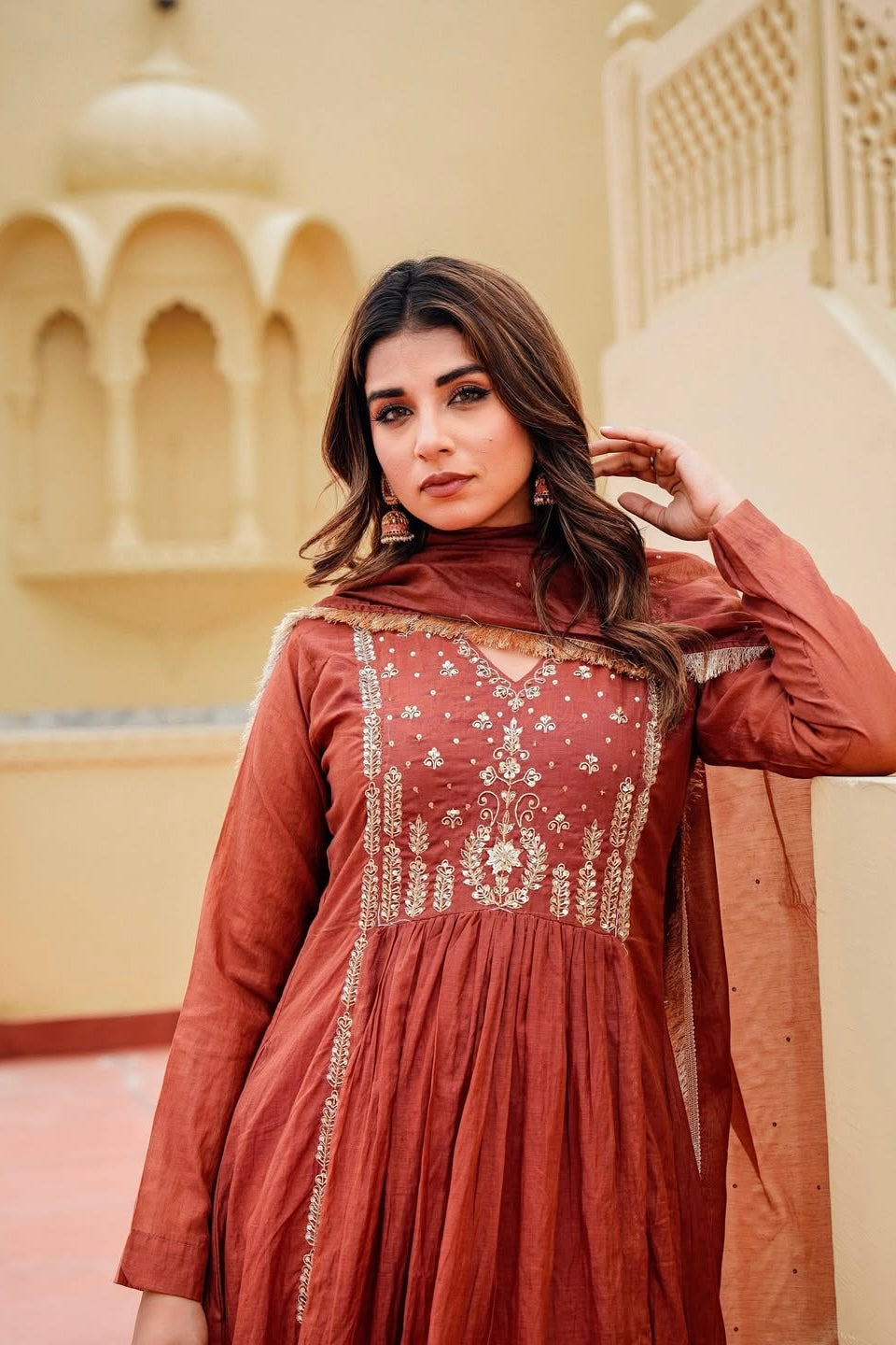 “Anya” Rust Brown Mul Chanderi anarkali kurta set