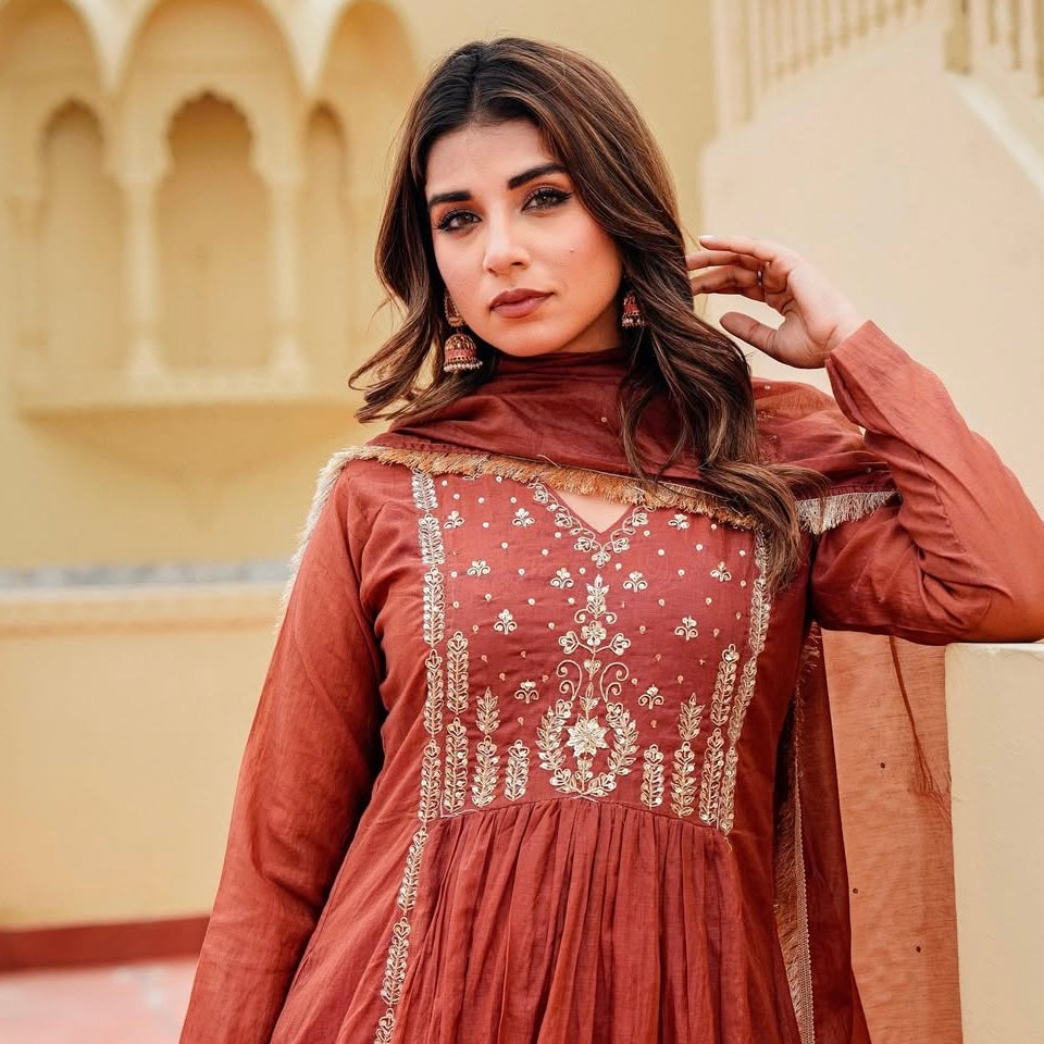 “Anya” Rust Brown Mul Chanderi anarkali kurta set