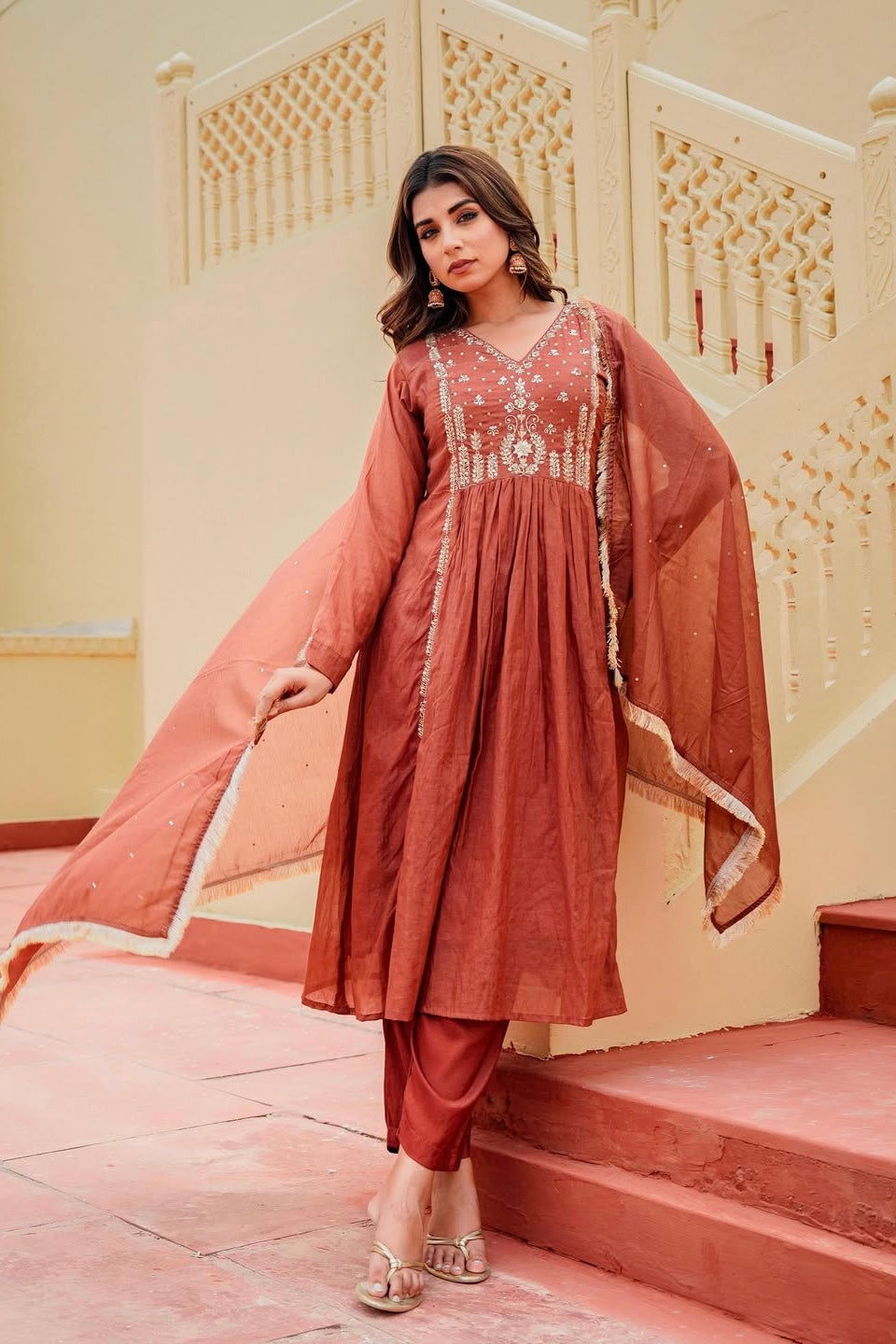 “Anya” Rust Brown Mul Chanderi anarkali kurta set