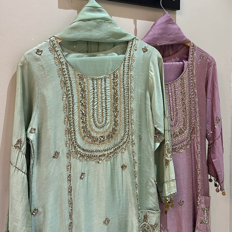 “Aylize” Elegant Dola Silk heavy handwork Kurta Set with Dupatta