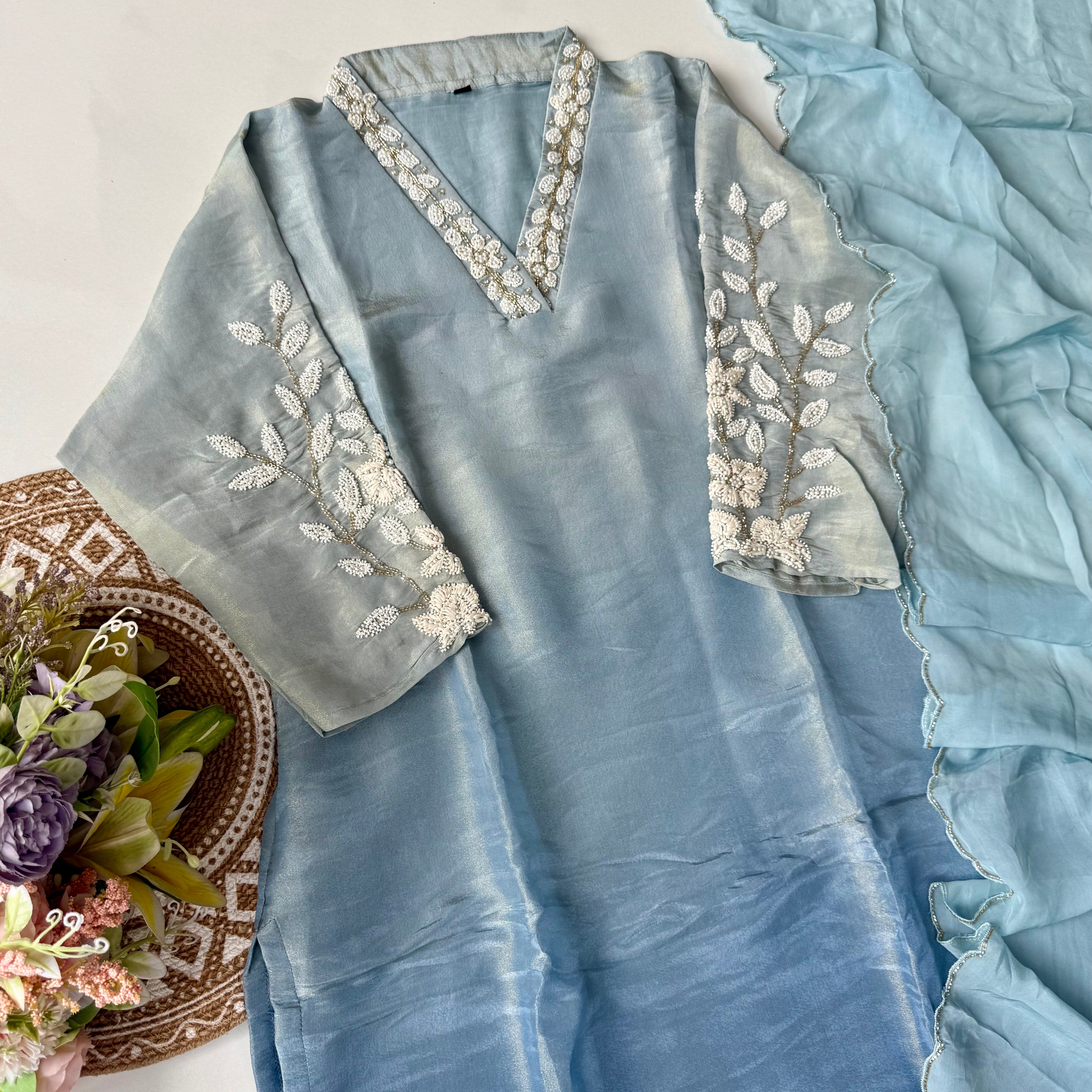 “Alora” Blue Serenity Ombre Tissue Silk kurta set