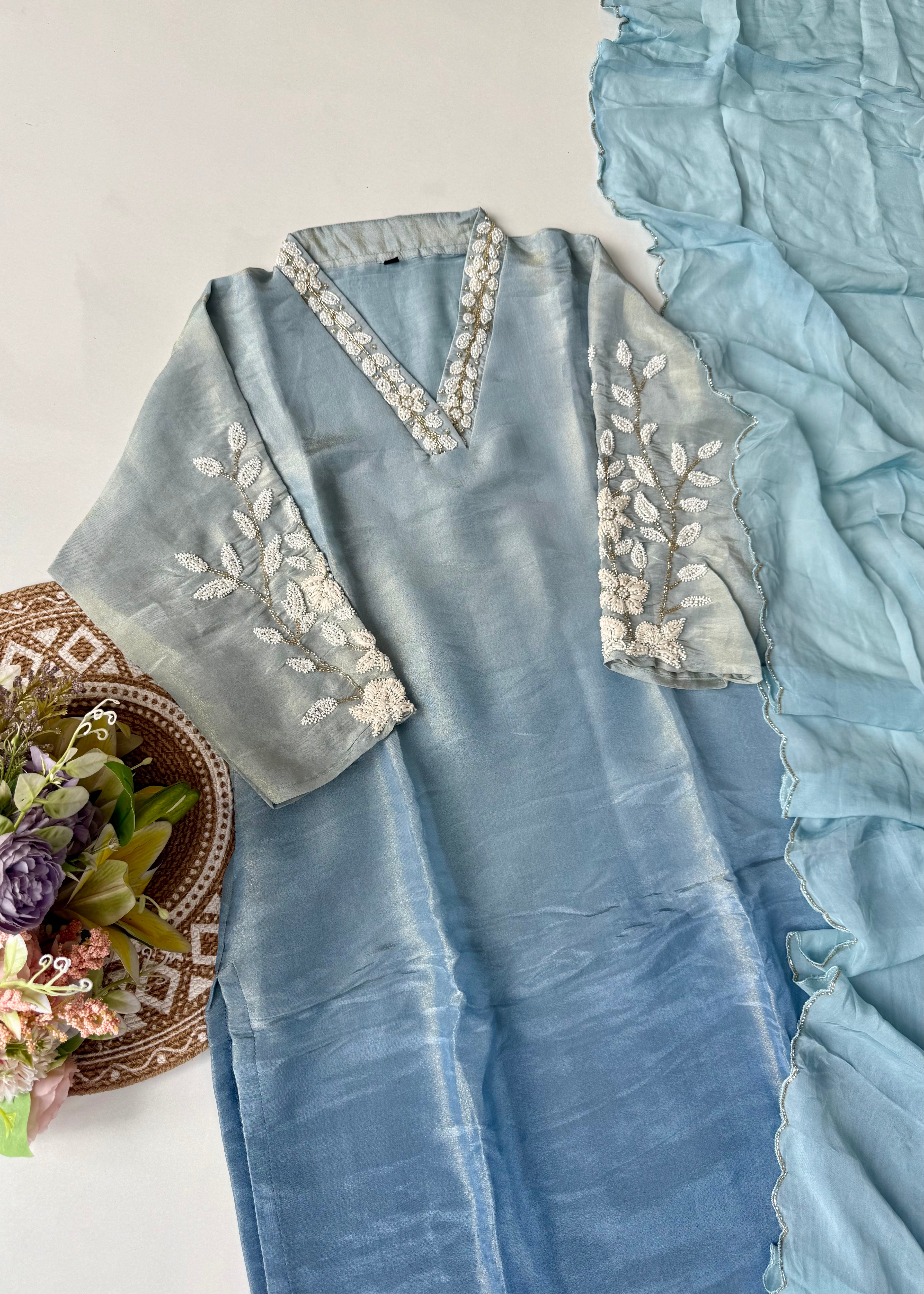 “Alora” Blue Serenity Ombre Tissue Silk kurta set