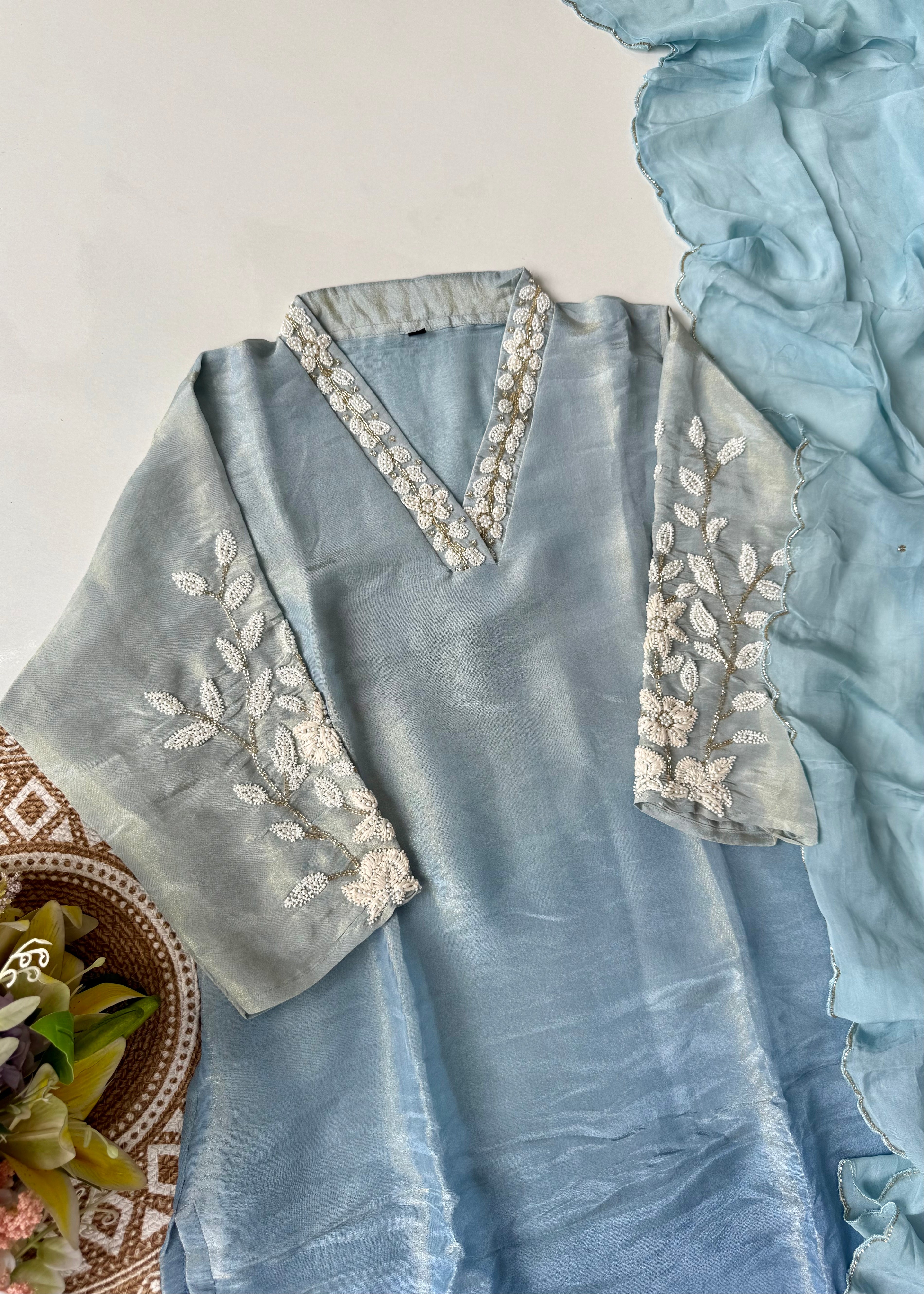 “Alora” Blue Serenity Ombre Tissue Silk kurta set