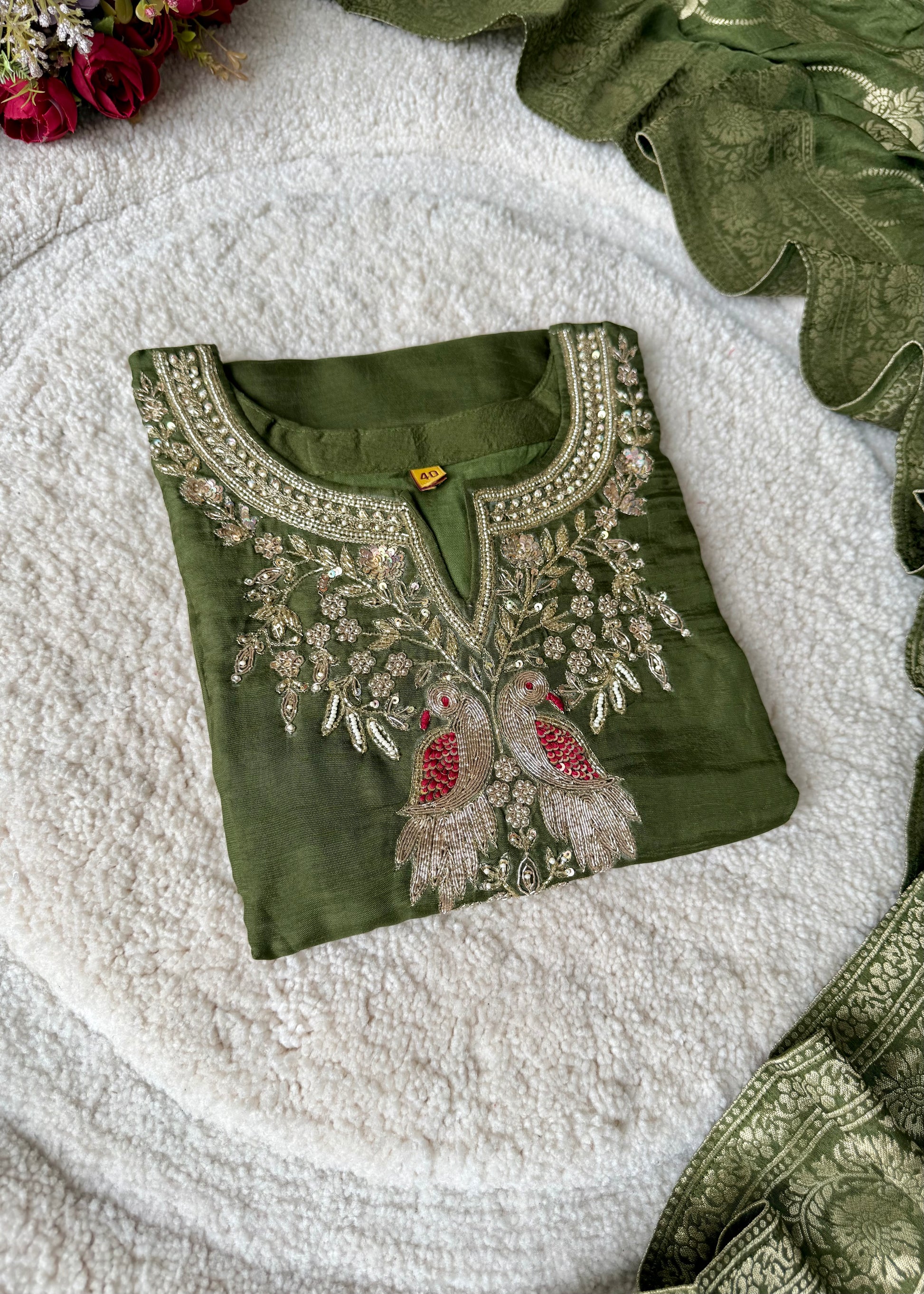 “Roses” Premium Green Dola Silk handcrafted kurti bottom with Banarsi dupatta set