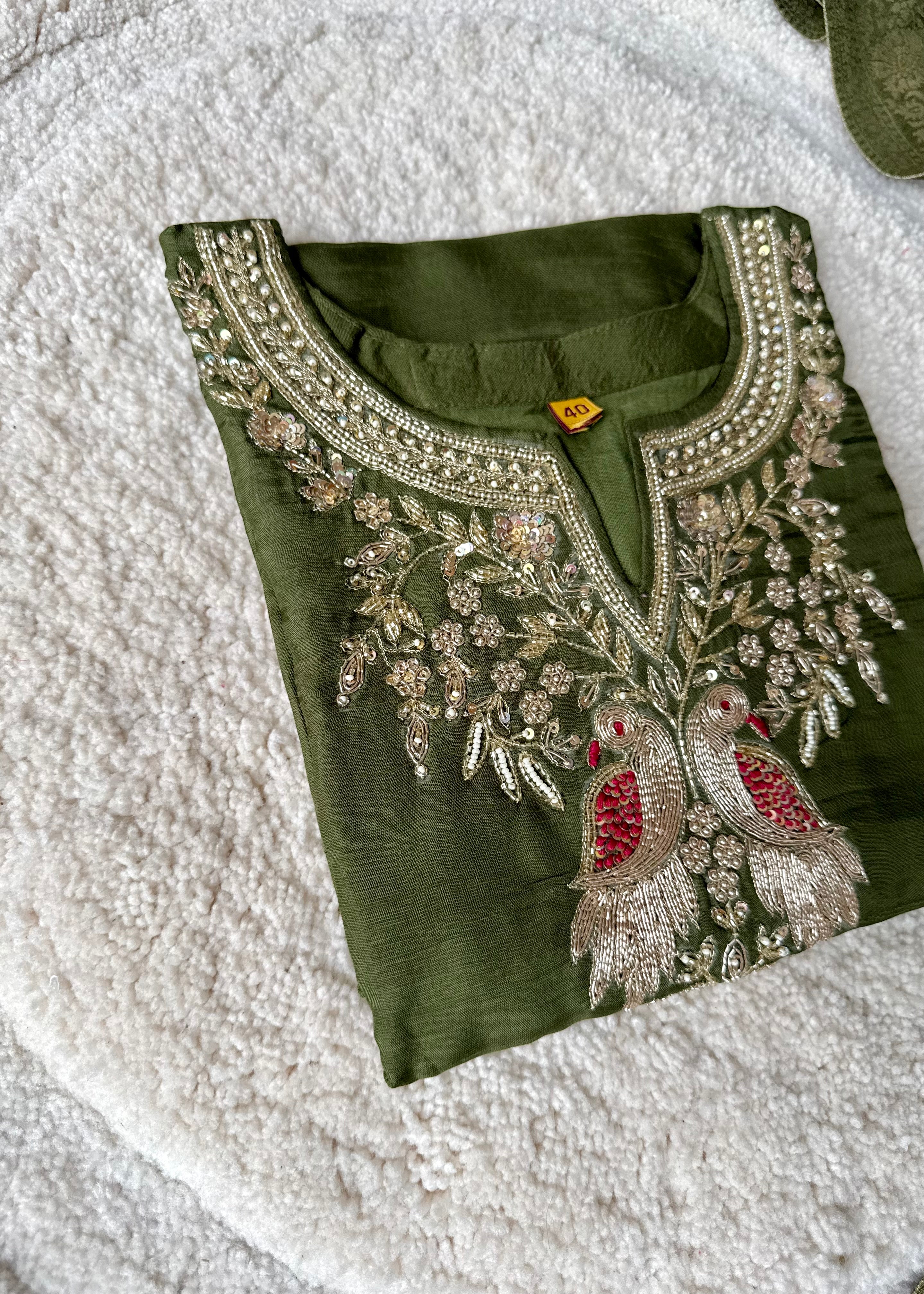 “Roses” Premium Green Dola Silk handcrafted kurti bottom with Banarsi dupatta set