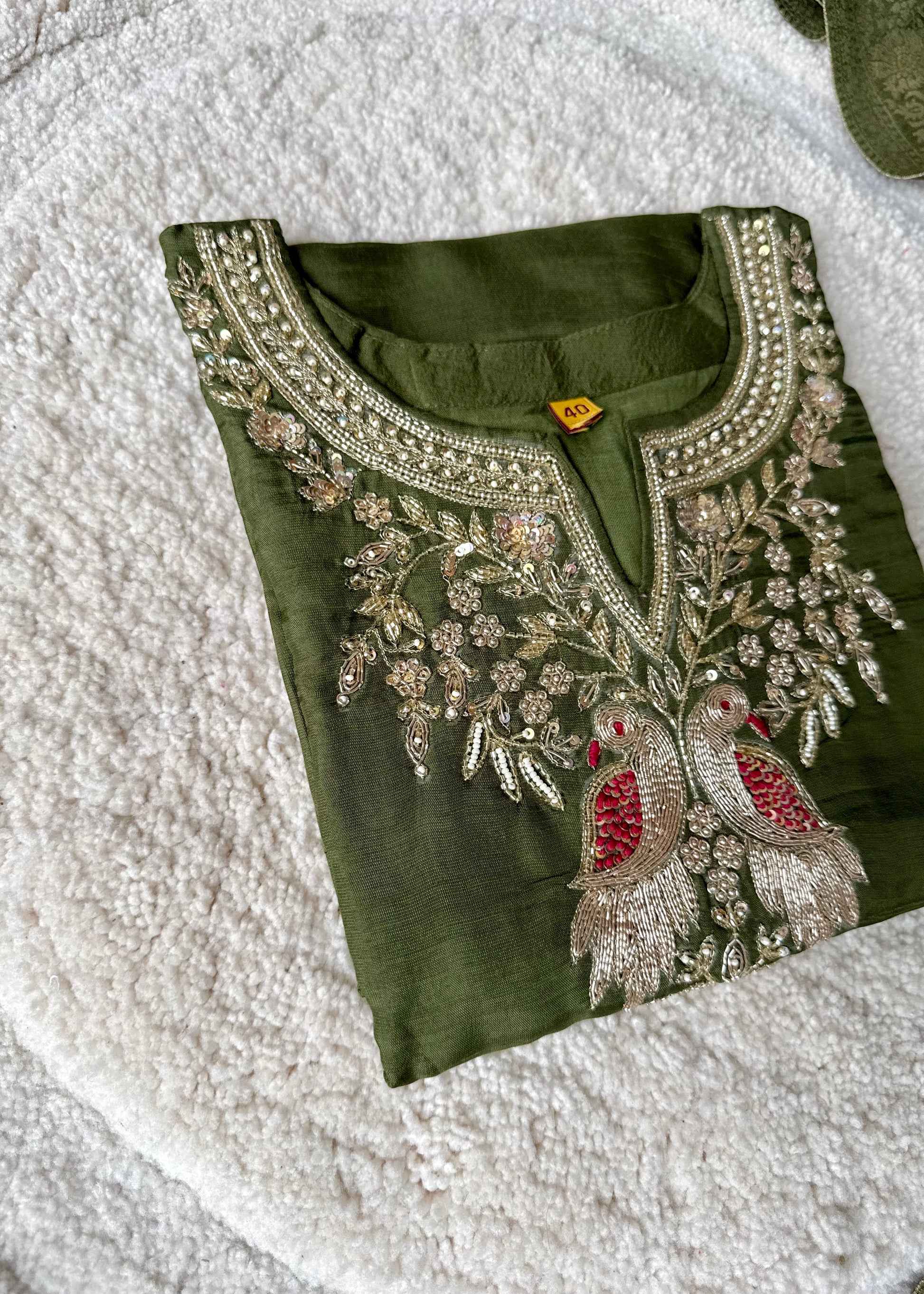 “Roses” Premium Green Dola Silk handcrafted kurti bottom with Banarsi dupatta set
