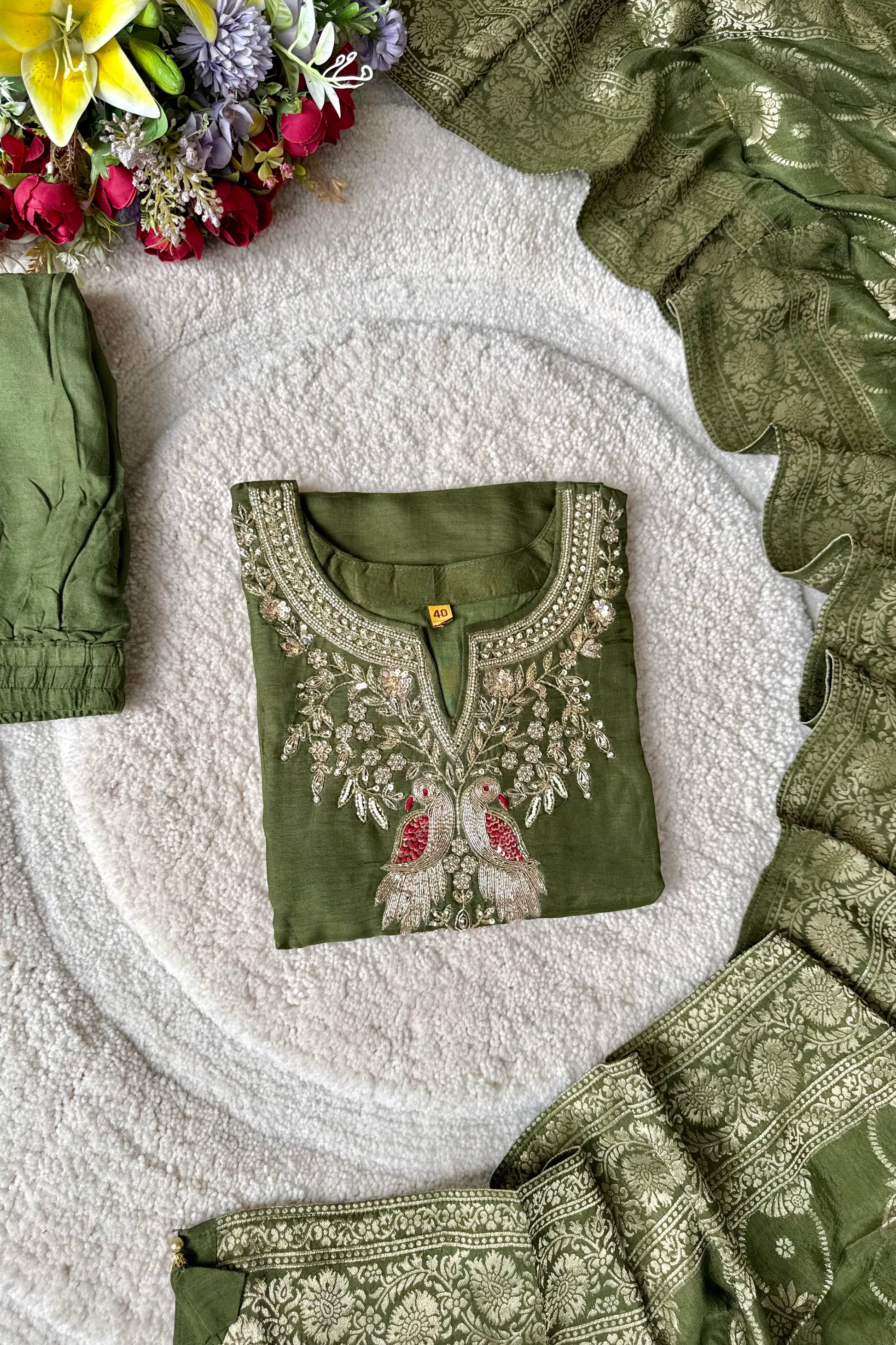 “Roses” Premium Green Dola Silk handcrafted kurti bottom with Banarsi dupatta set