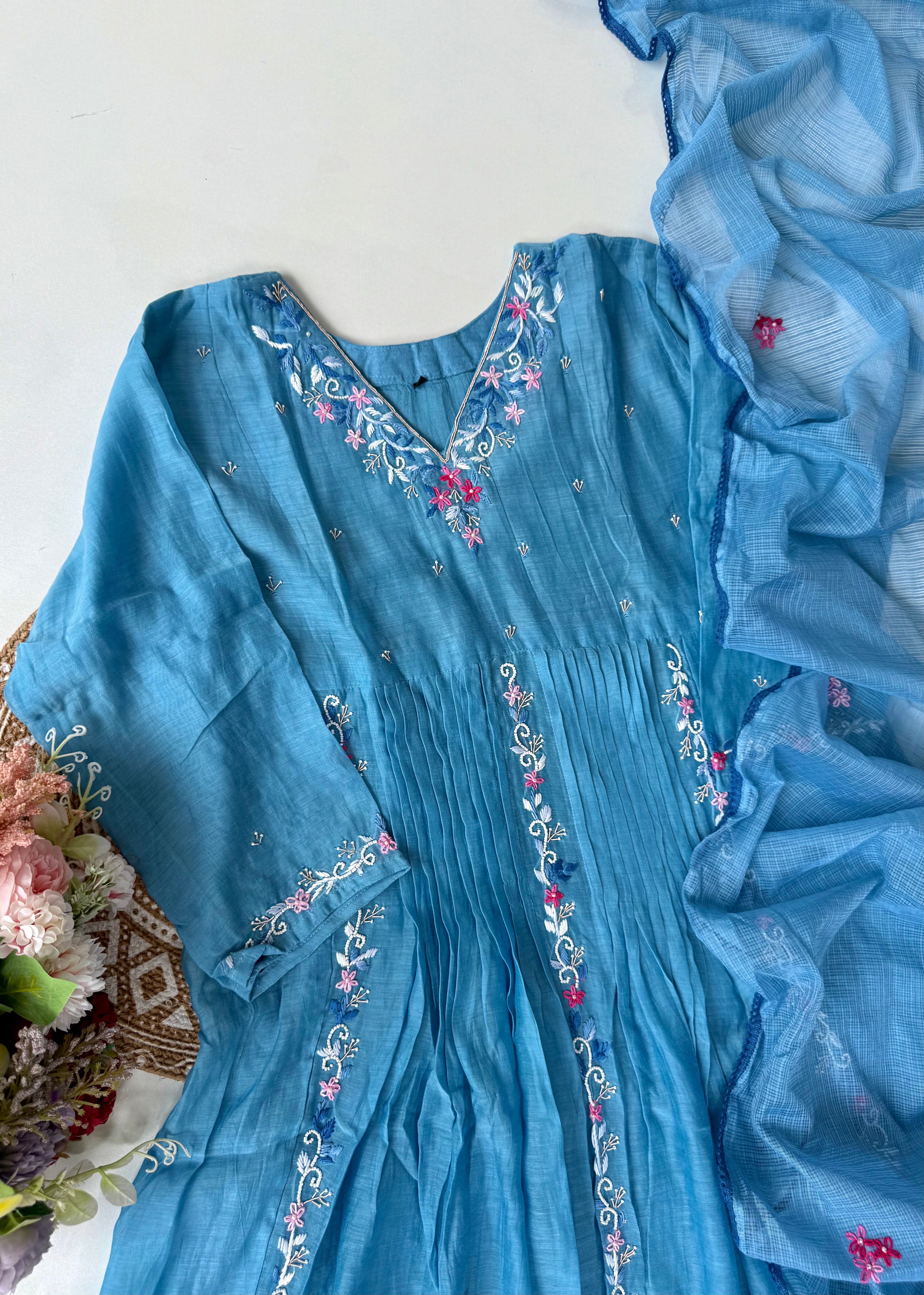 “RUH” Sky Blue Mul Chanderi anarkali kurta set