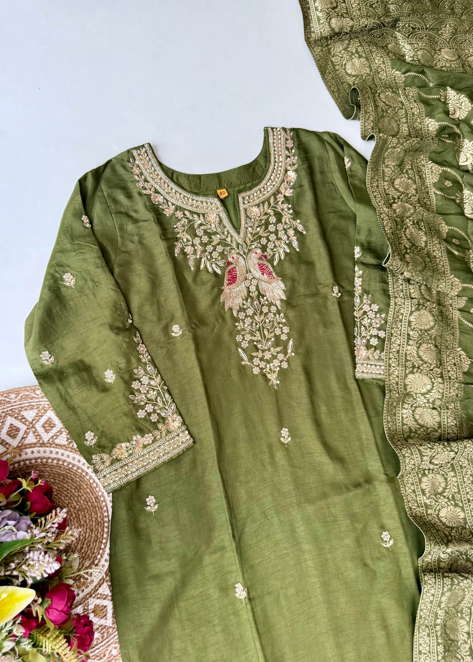 “Roses” Premium Green Dola Silk handcrafted kurti bottom with Banarsi dupatta set