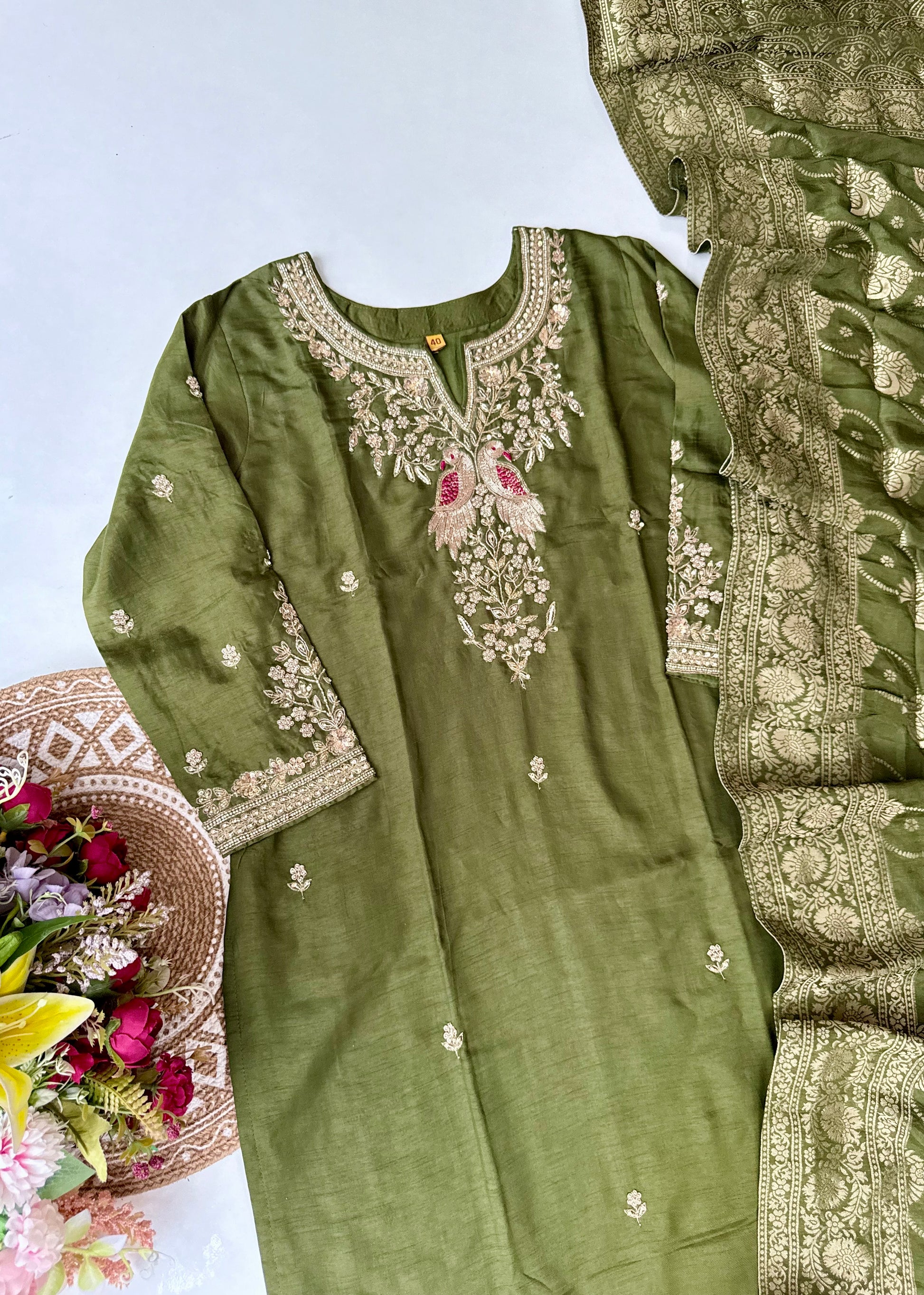 “Roses” Premium Green Dola Silk handcrafted kurti bottom with Banarsi dupatta set