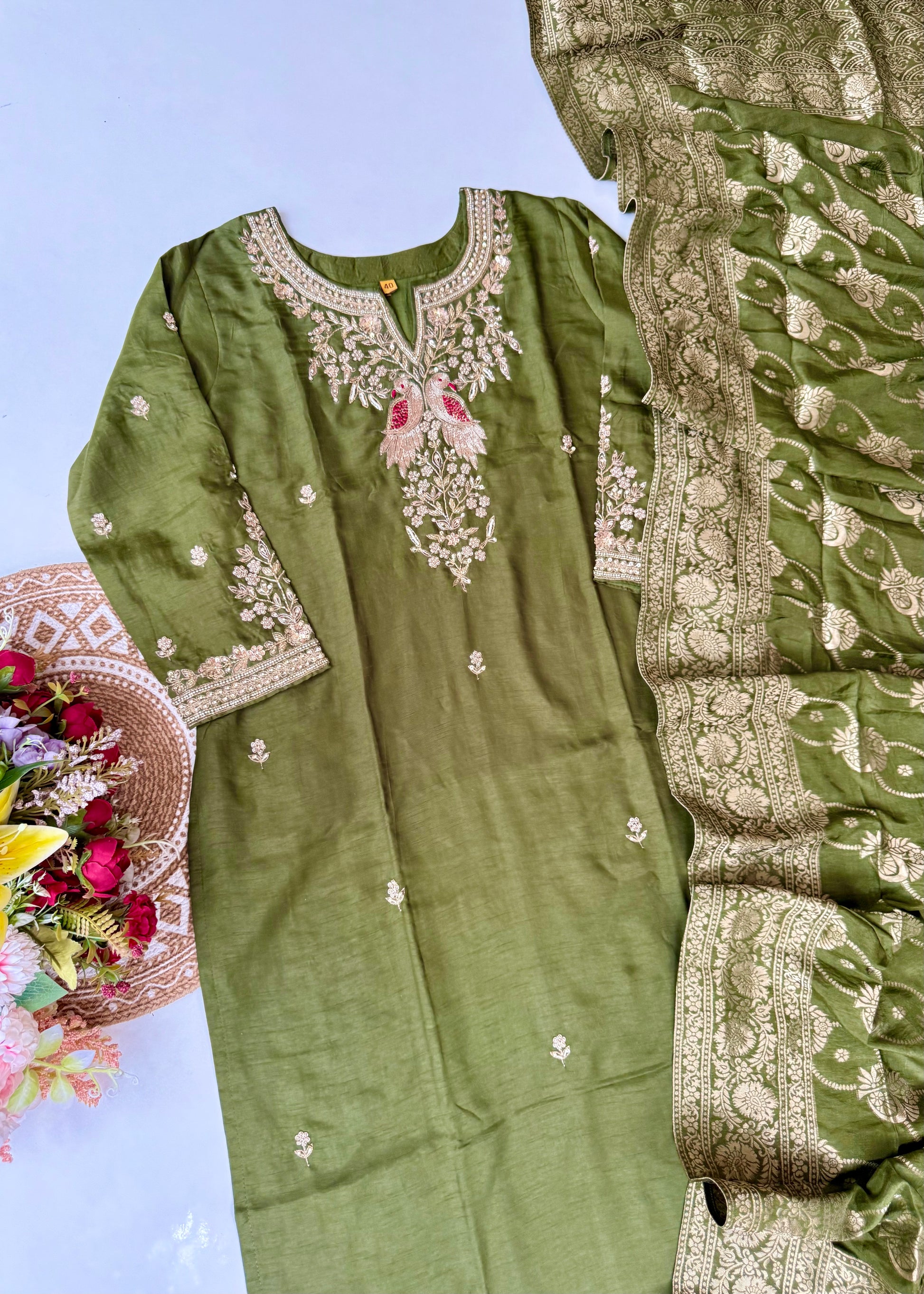 “Roses” Premium Green Dola Silk handcrafted kurti bottom with Banarsi dupatta set