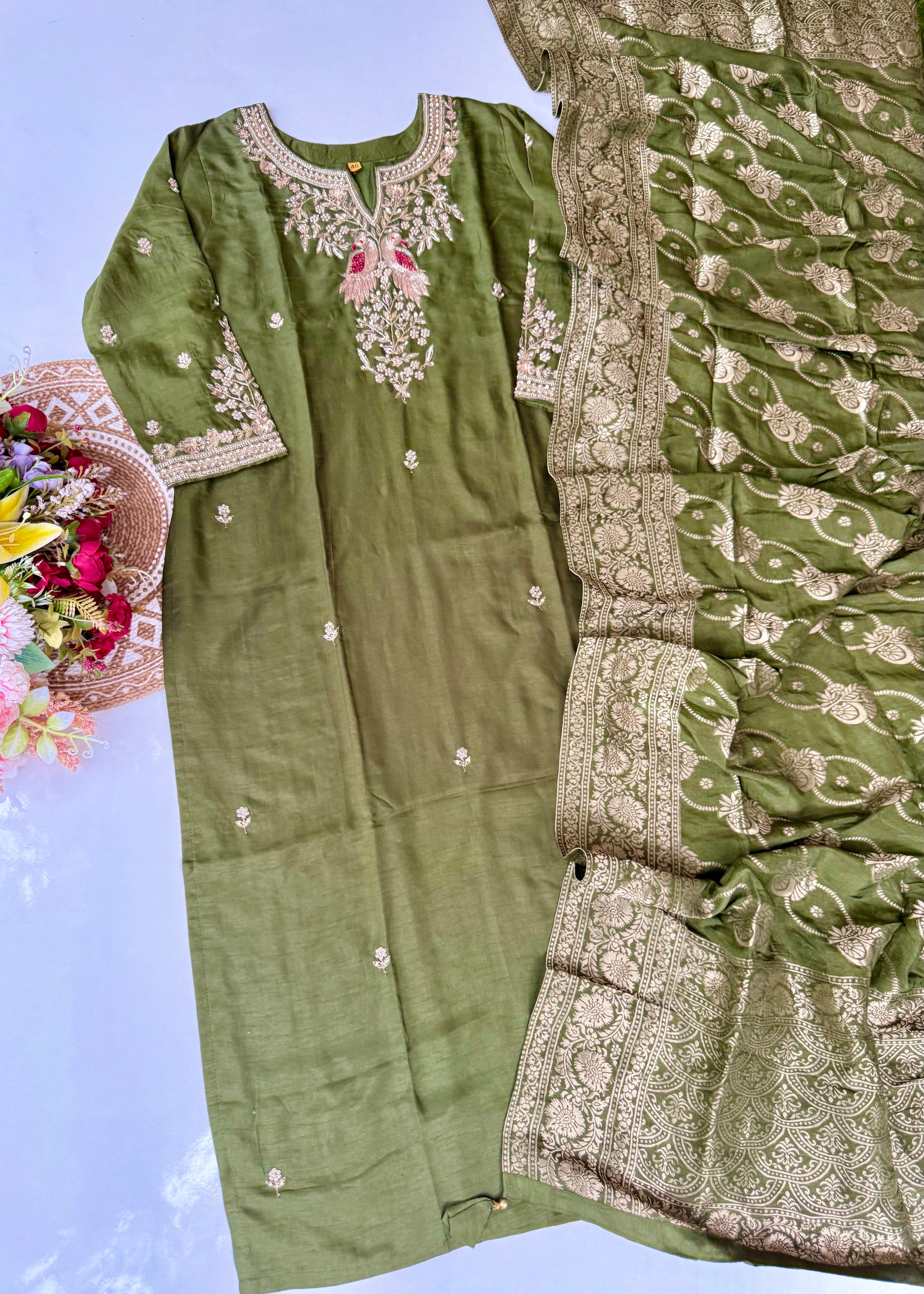 “Roses” Premium Green Dola Silk handcrafted kurti bottom with Banarsi dupatta set