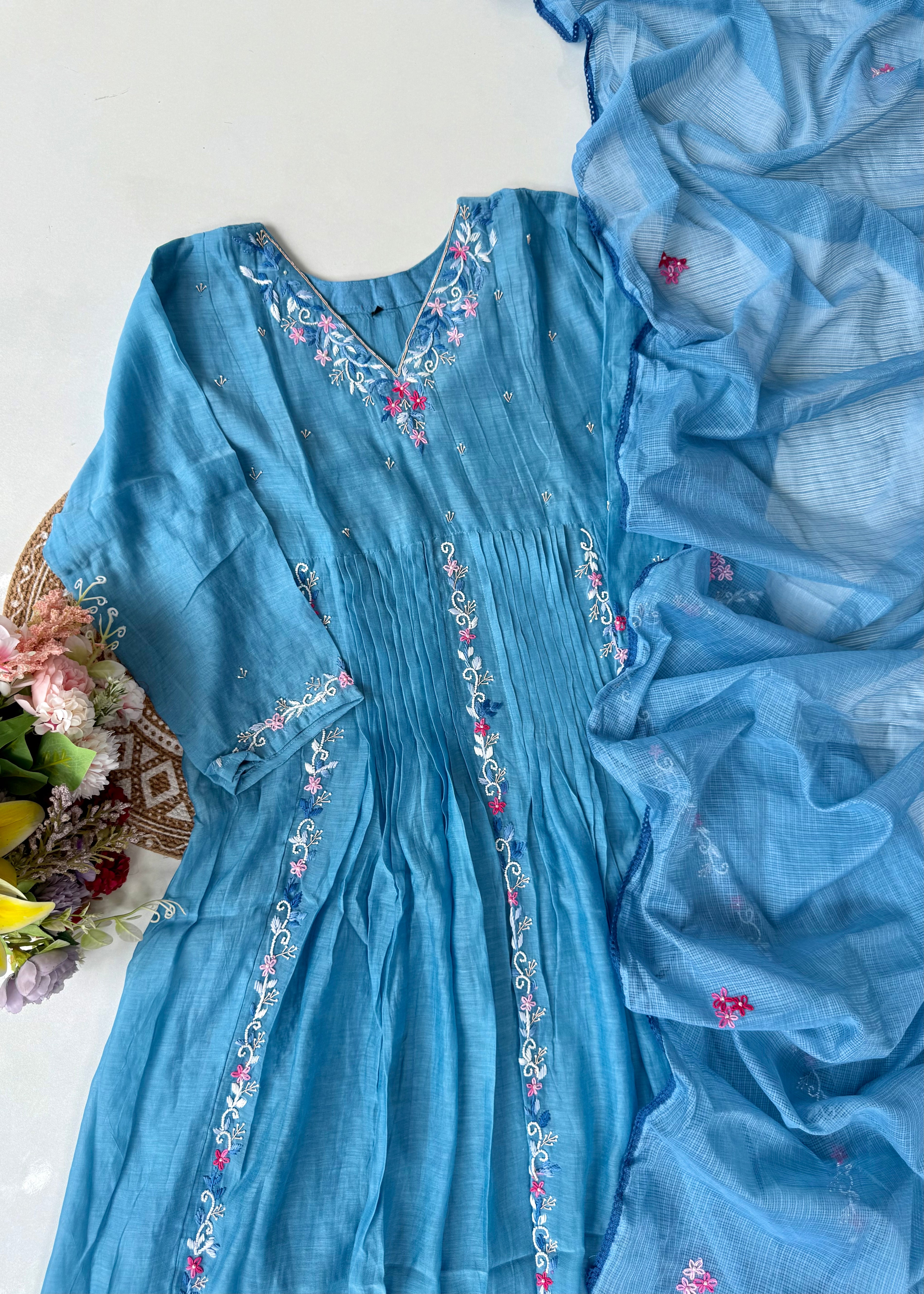 “RUH” Sky Blue Mul Chanderi anarkali kurta set