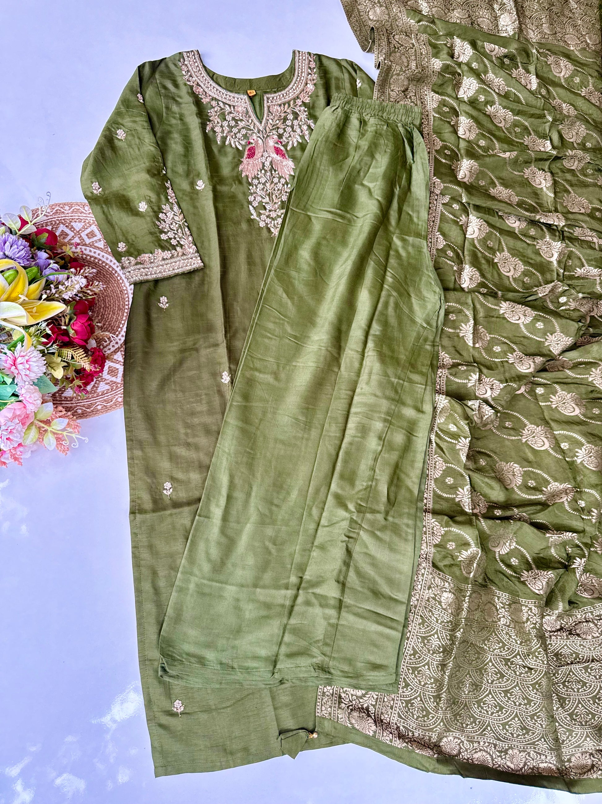 “Roses” Premium Green Dola Silk handcrafted kurti bottom with Banarsi dupatta set