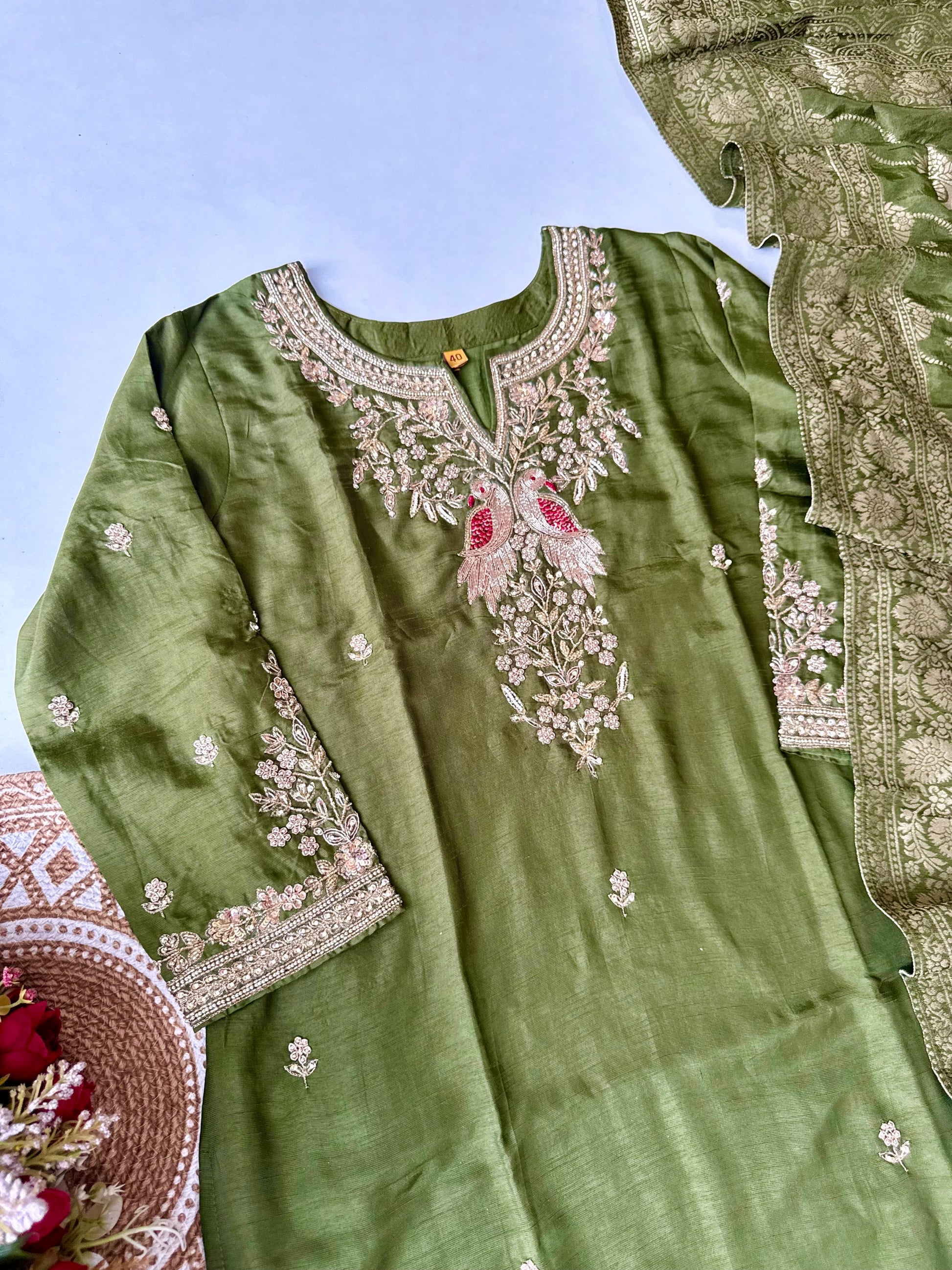 “Roses” Premium Green Dola Silk handcrafted kurti bottom with Banarsi dupatta set