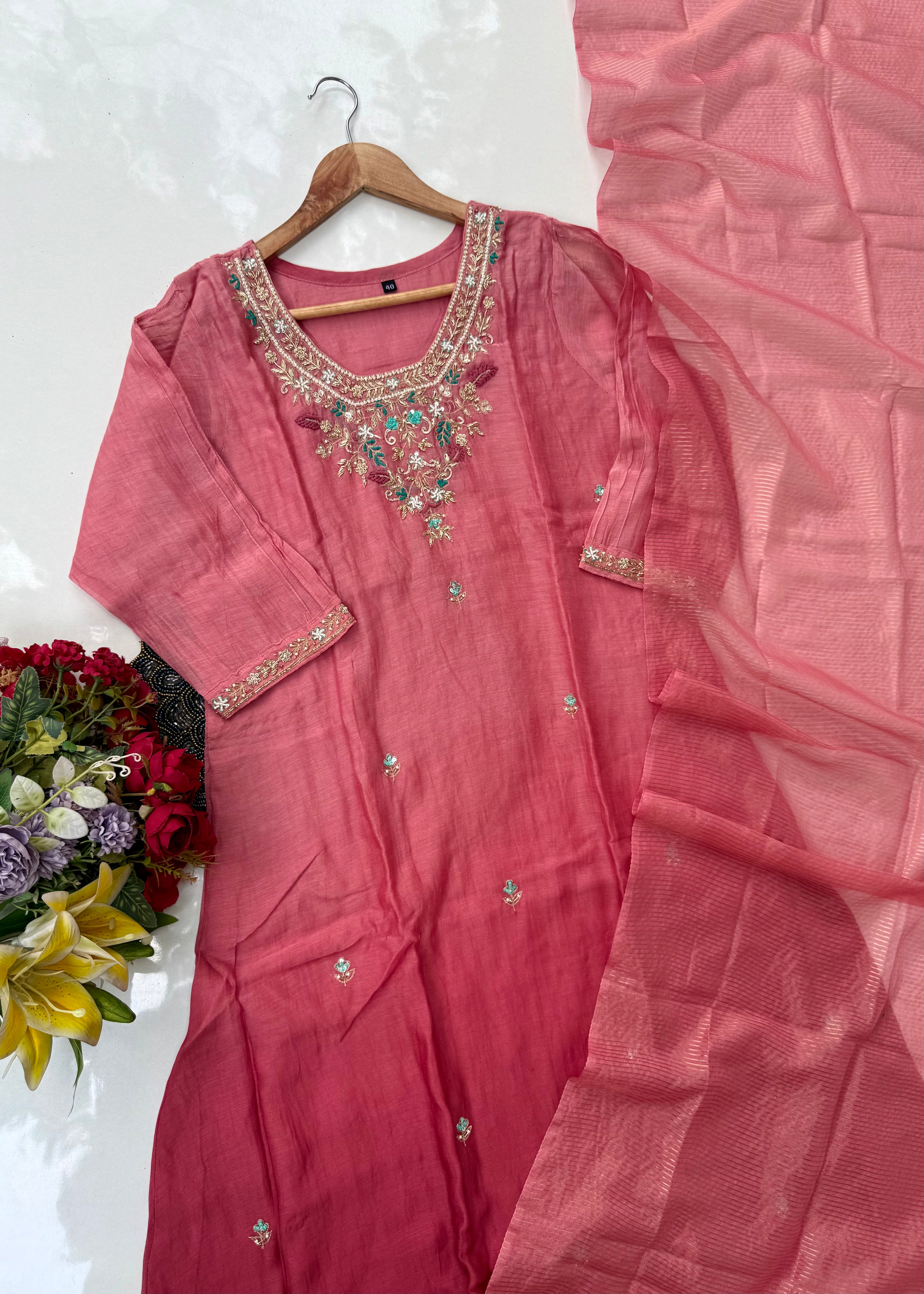 “Ruby” party wear Mul Chanderi Aline ombre kurta set 🛍️