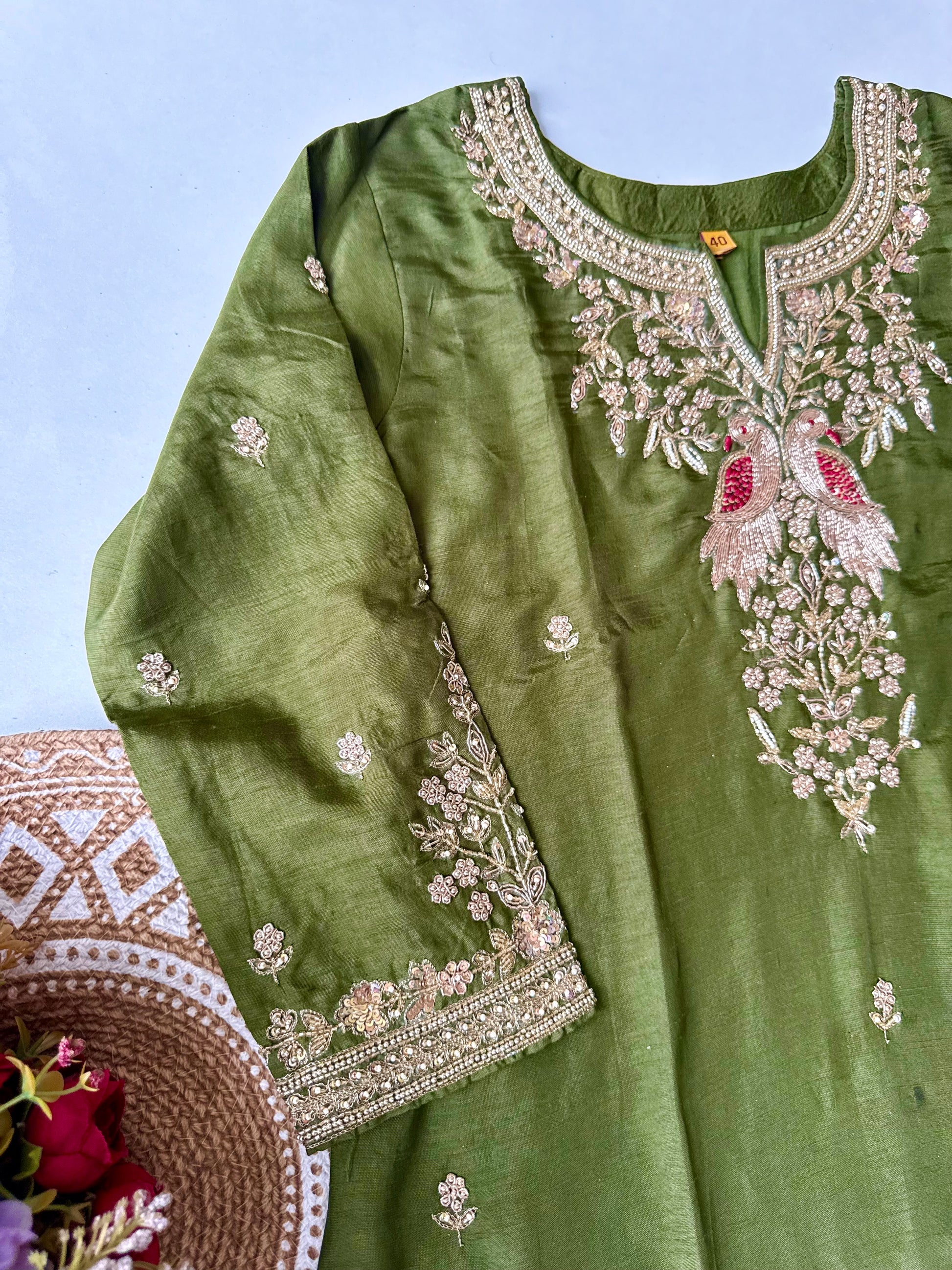 “Roses” Premium Green Dola Silk handcrafted kurti bottom with Banarsi dupatta set