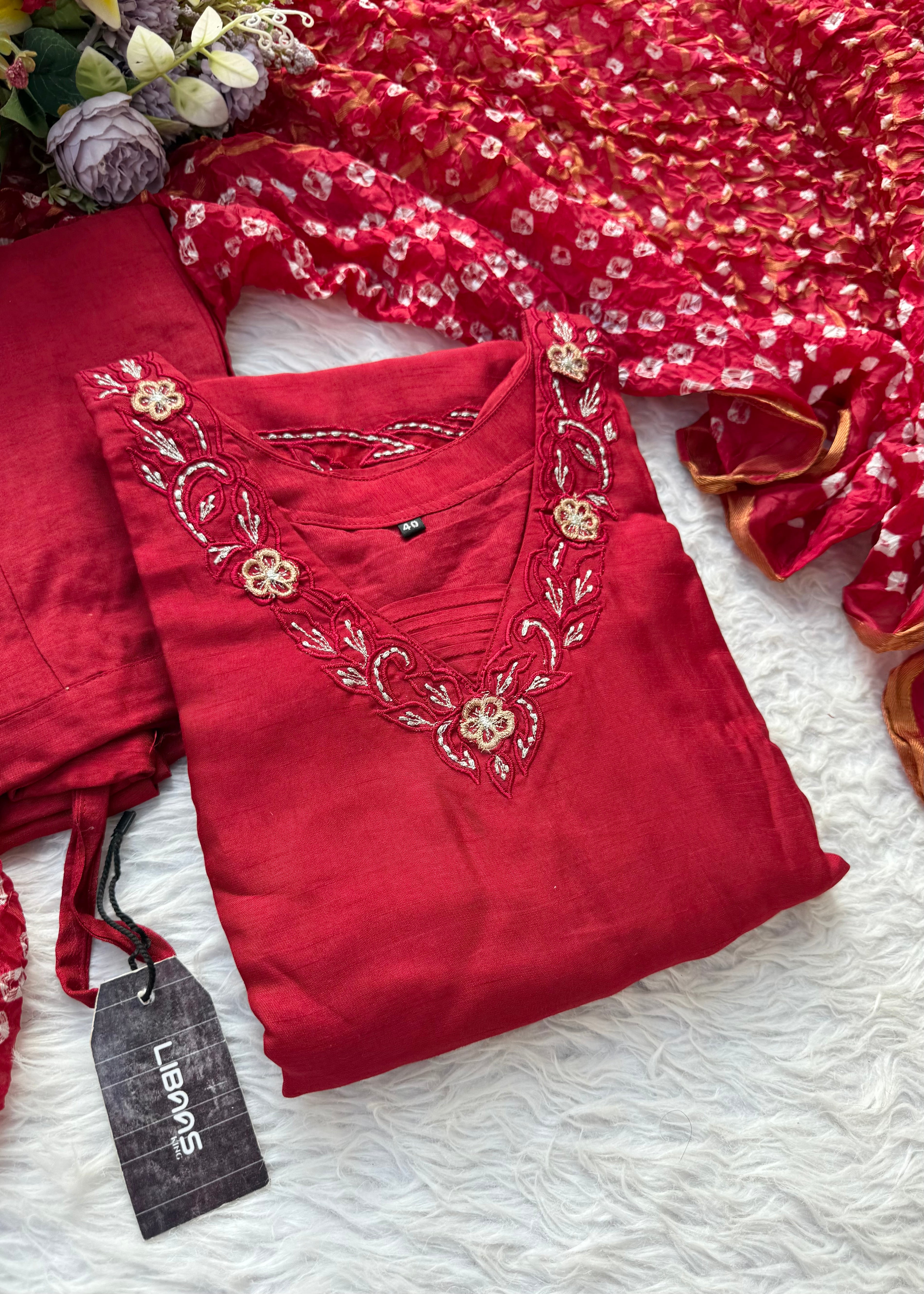 “ROWAN” Premium dola silk daman work maroon suit set