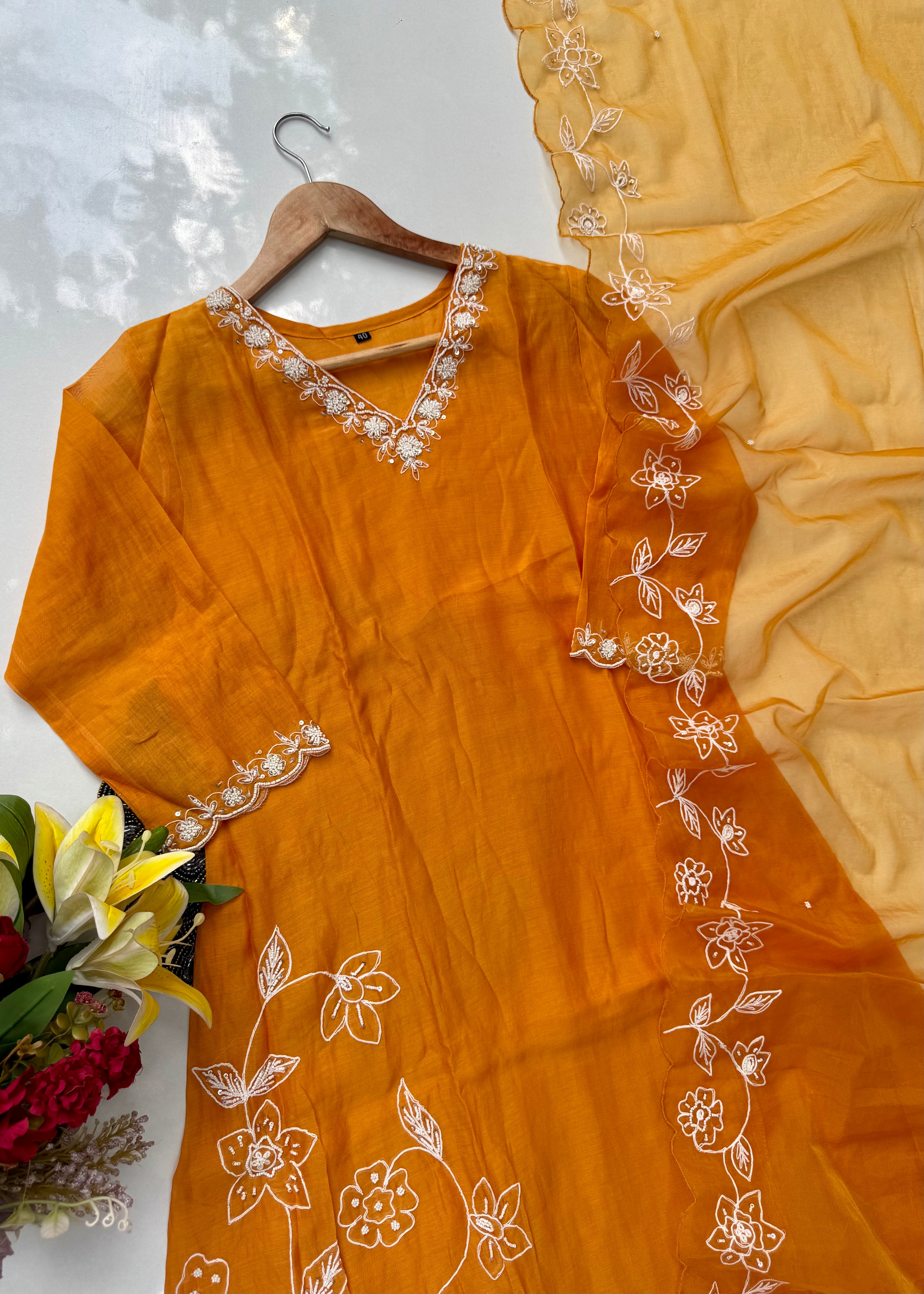 “NIMRIT” Orange party wear Mul Chanderi Aline kurta set 🛍️