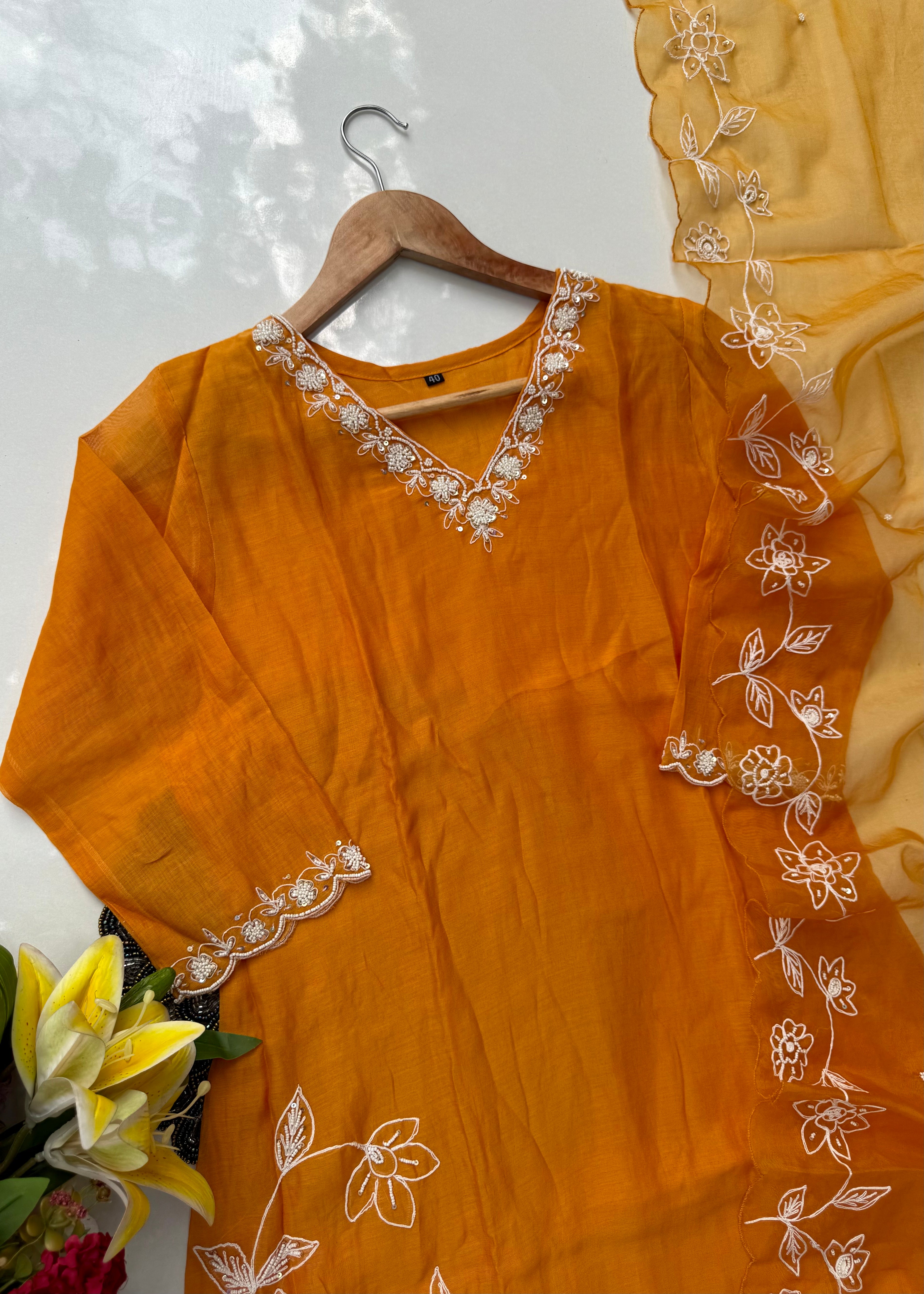 “NIMRIT” Orange party wear Mul Chanderi Aline kurta set 🛍️