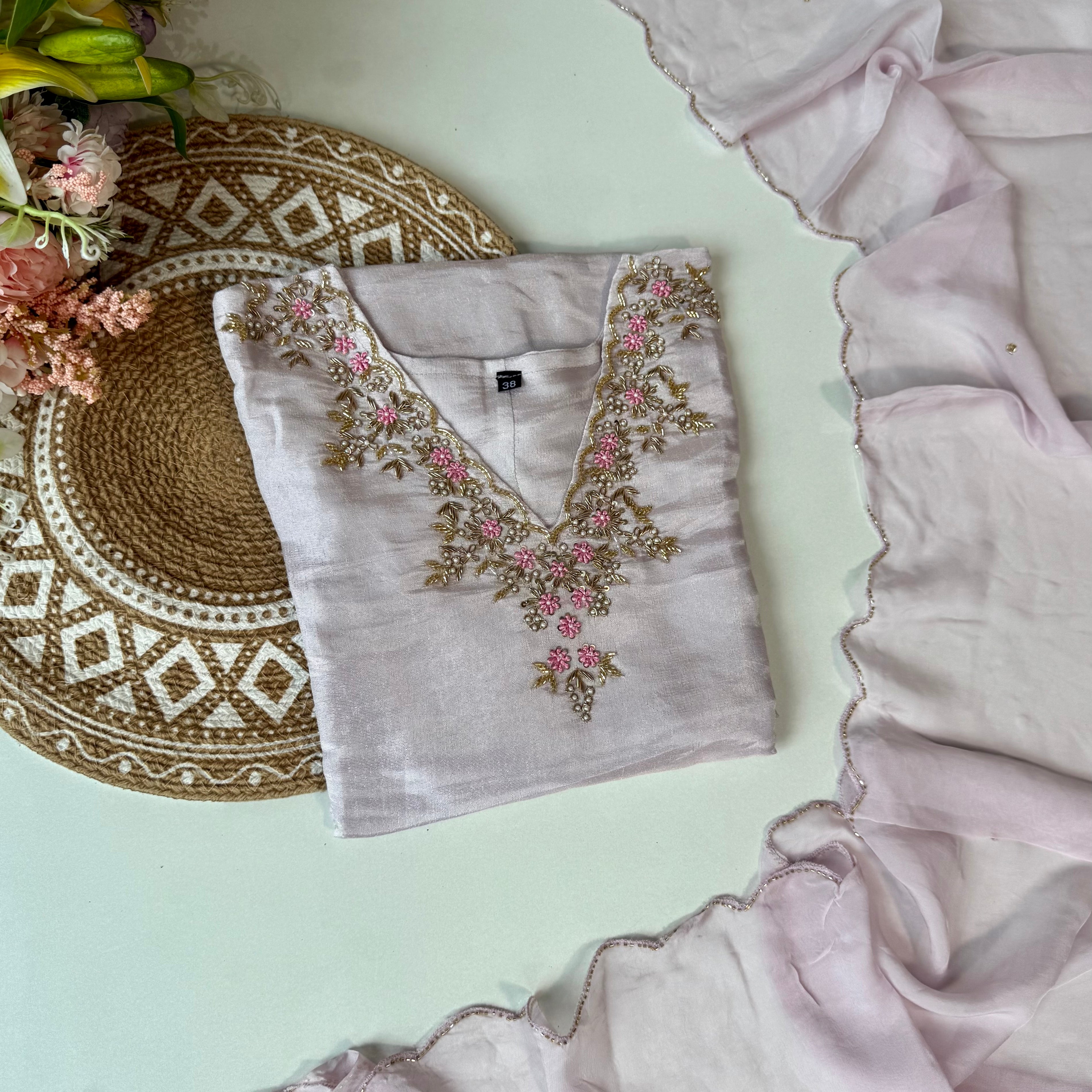 “Aylize” Graceful Pastel shade Tisse Silk Handwork Suit Set ✨
