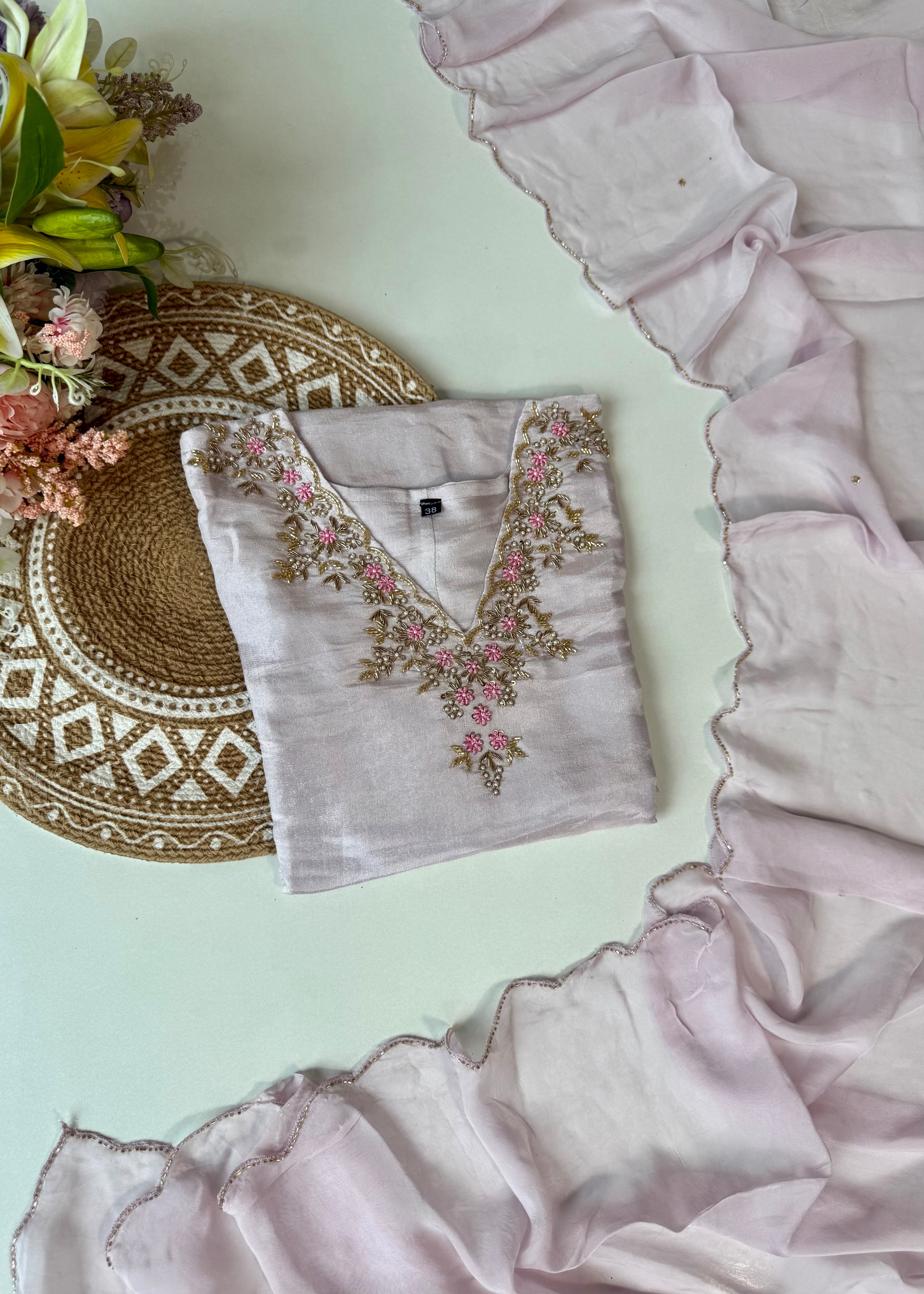 “Aylize” Graceful Pastel shade Tisse Silk Handwork Suit Set ✨