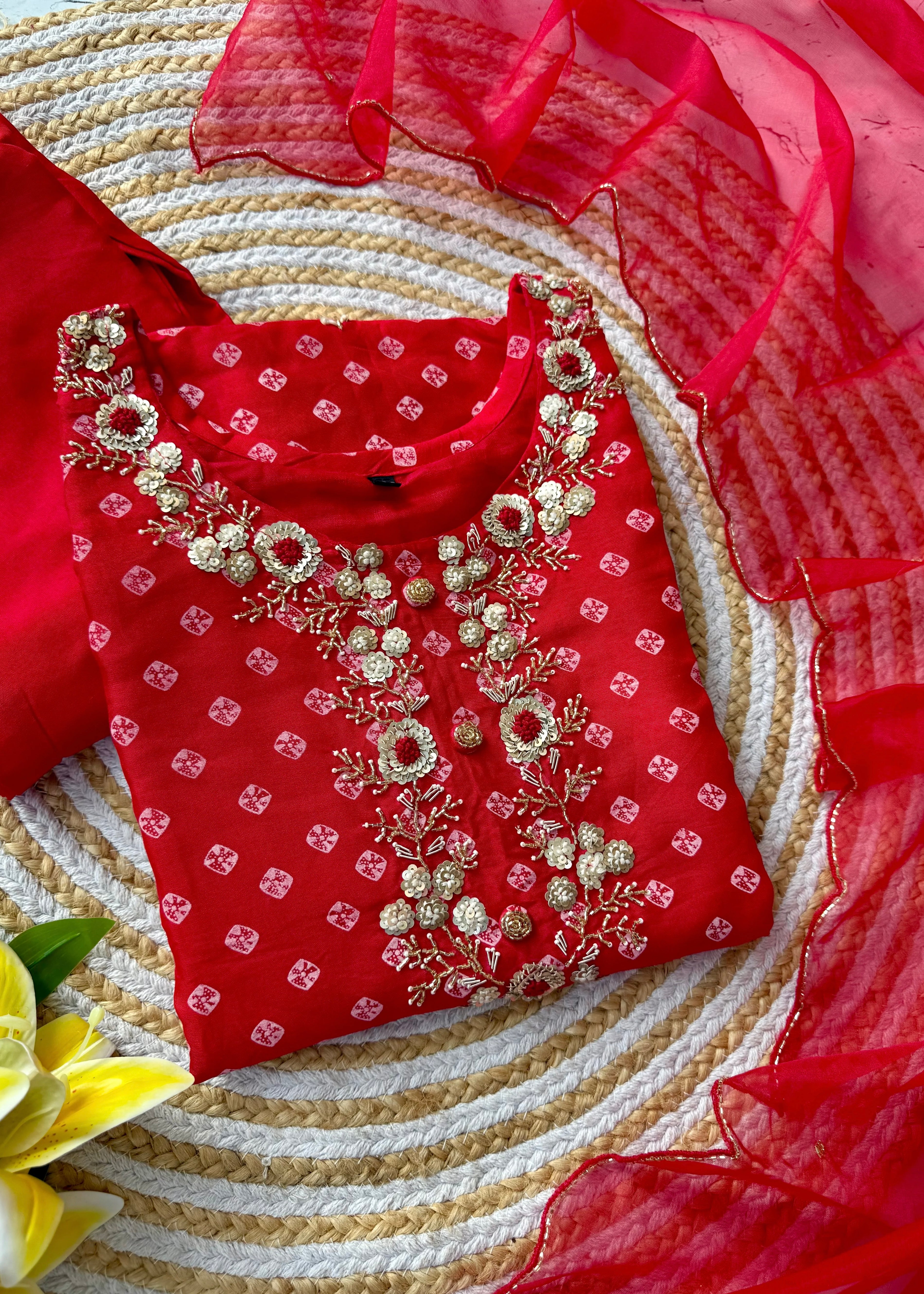 ‘’ BHANDEJ” Beautiful red shade bhandej dola silk set
