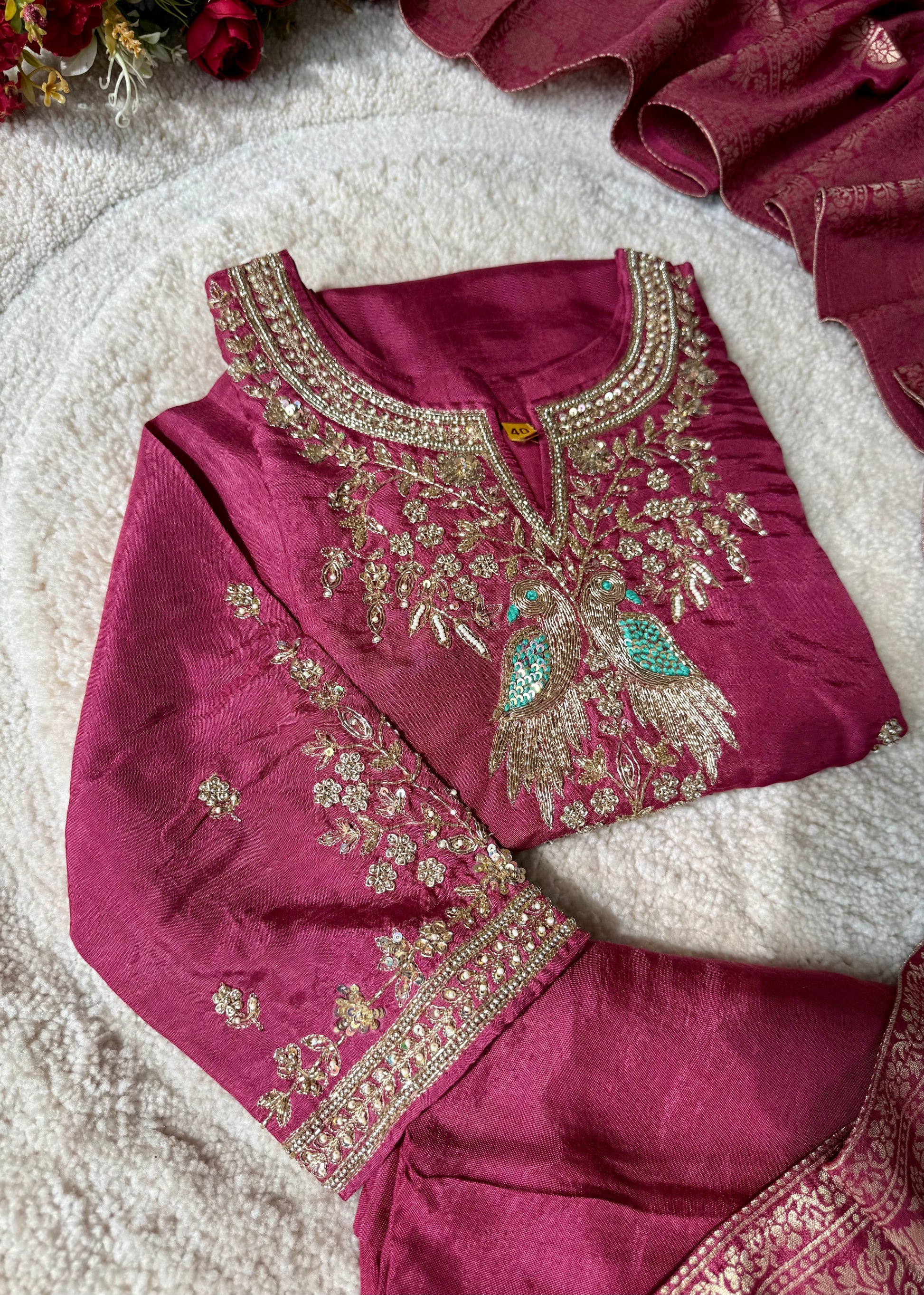 “Roses” Premium Wine Dola Silk handcrafted kurti bottom with Banarsi dupatta set