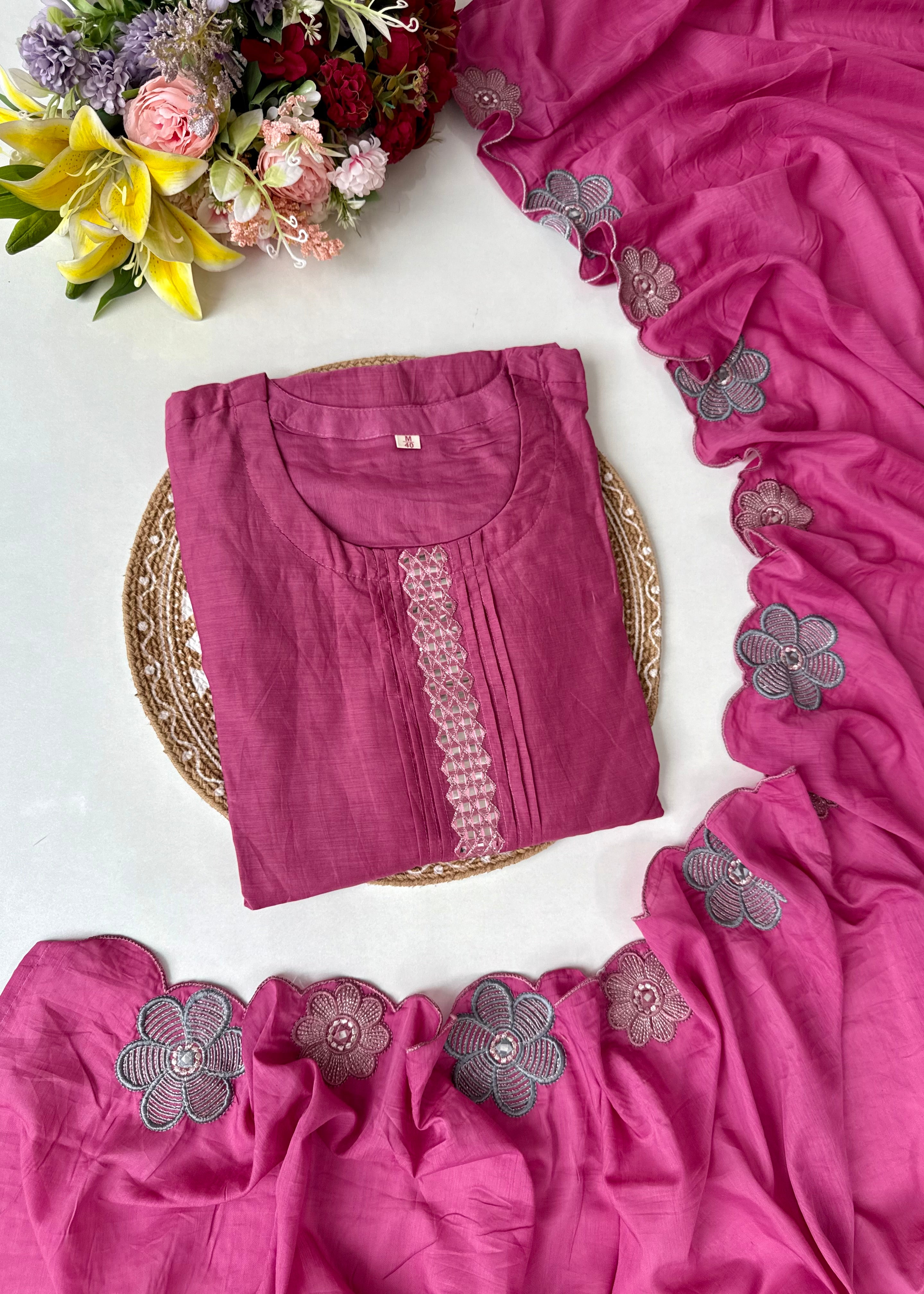 “Anya” Bloomberry Blush Mul Chanderi Suit Set