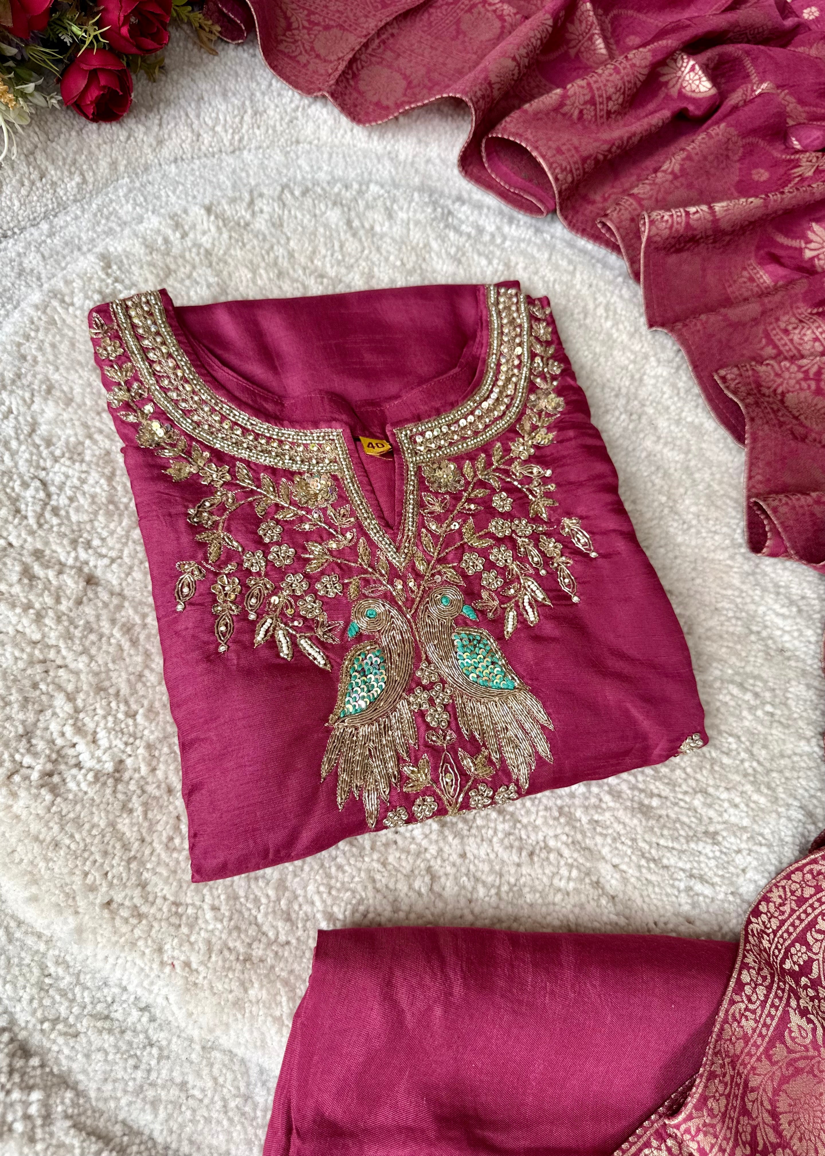 “Roses” Premium Wine Dola Silk handcrafted kurti bottom with Banarsi dupatta set
