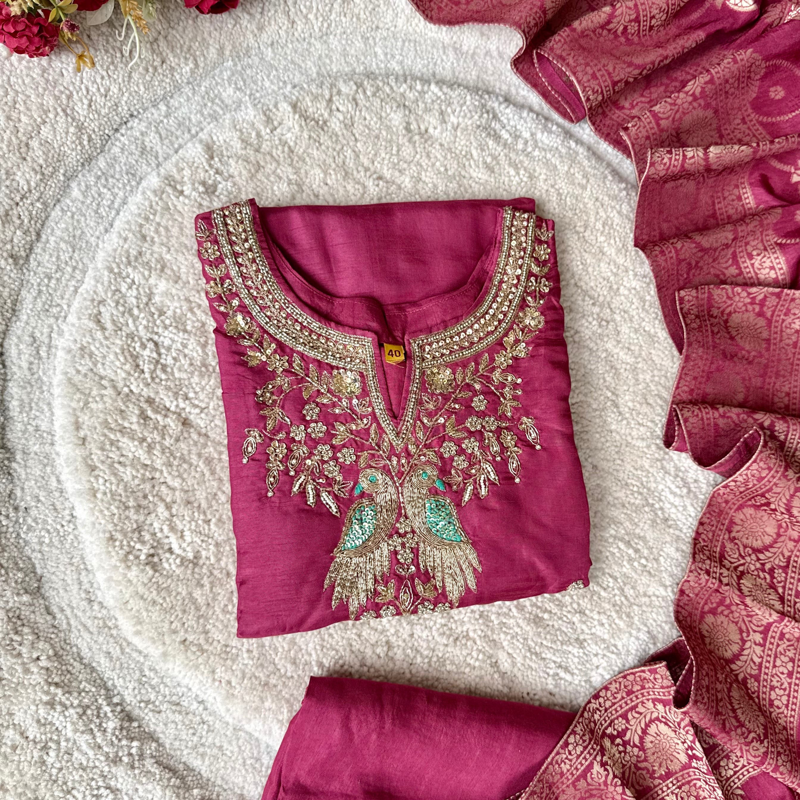 “Roses” Premium Wine Dola Silk handcrafted kurti bottom with Banarsi dupatta set
