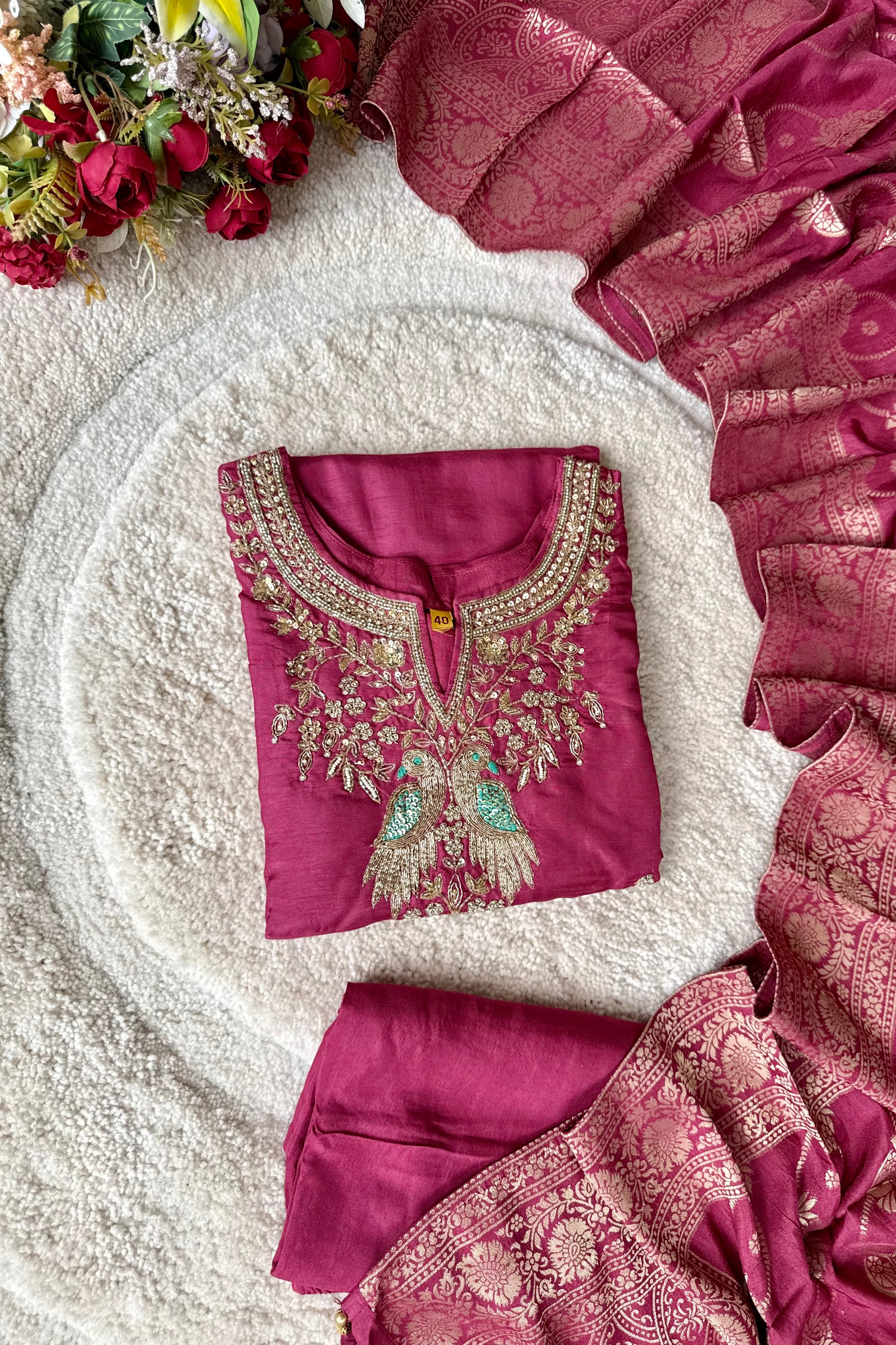 “Roses” Premium Wine Dola Silk handcrafted kurti bottom with Banarsi dupatta set