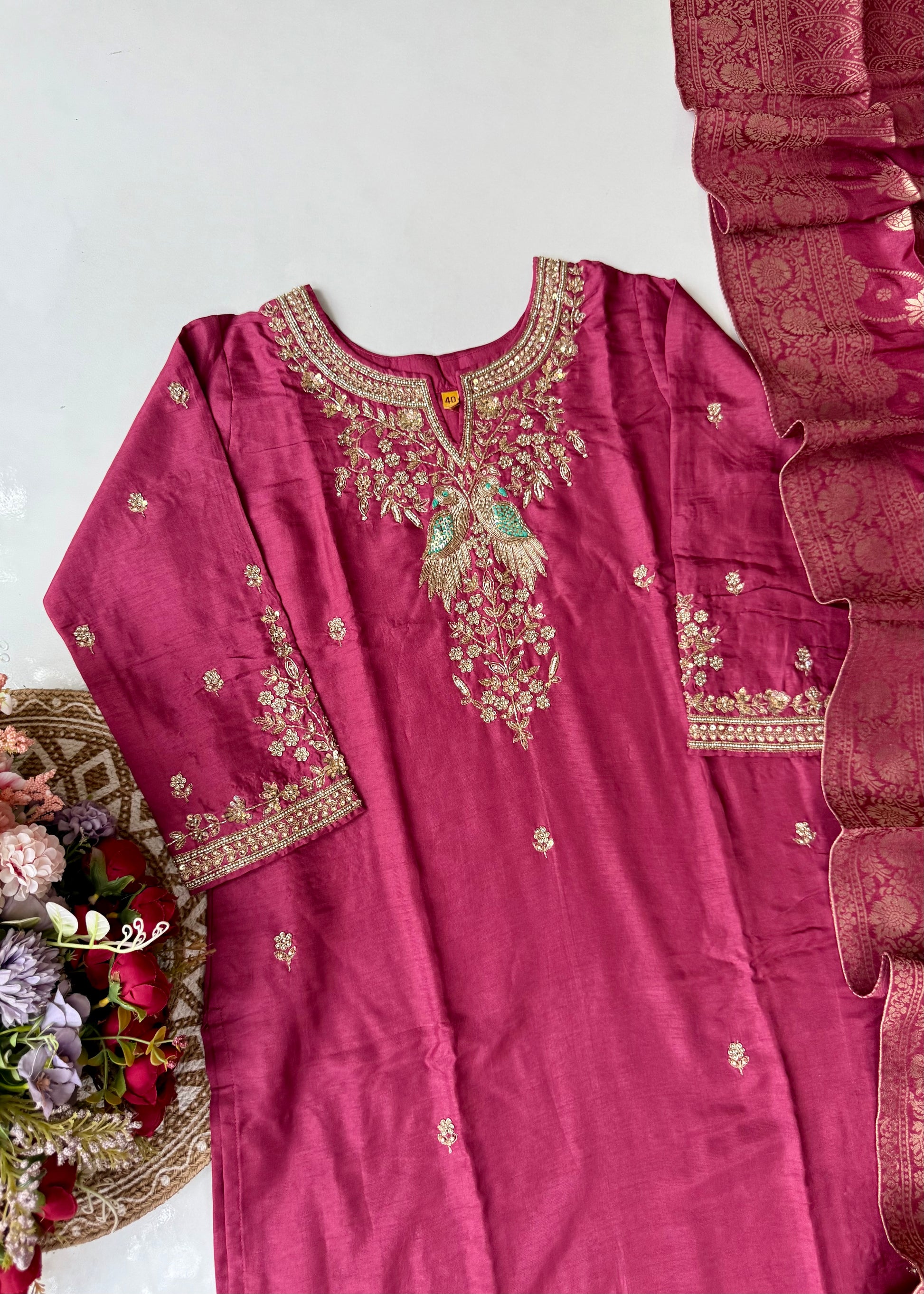 “Roses” Premium Wine Dola Silk handcrafted kurti bottom with Banarsi dupatta set