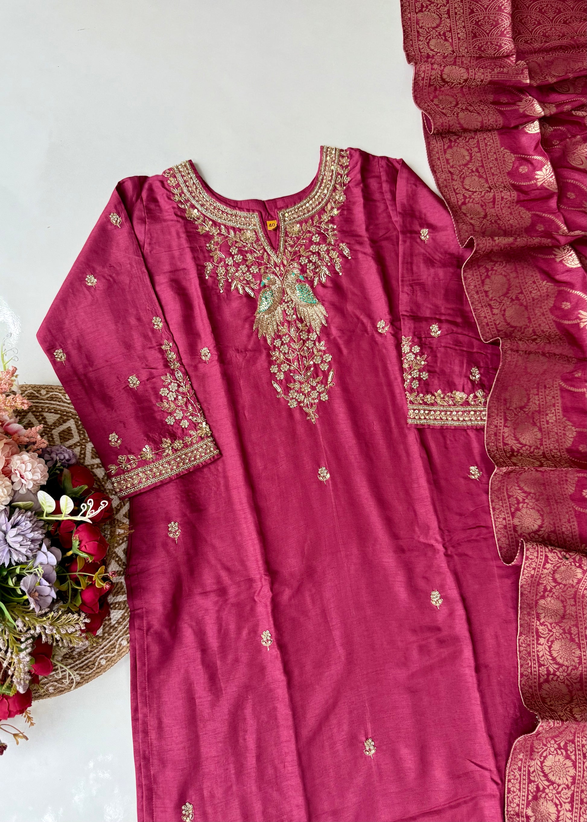 “Roses” Premium Wine Dola Silk handcrafted kurti bottom with Banarsi dupatta set