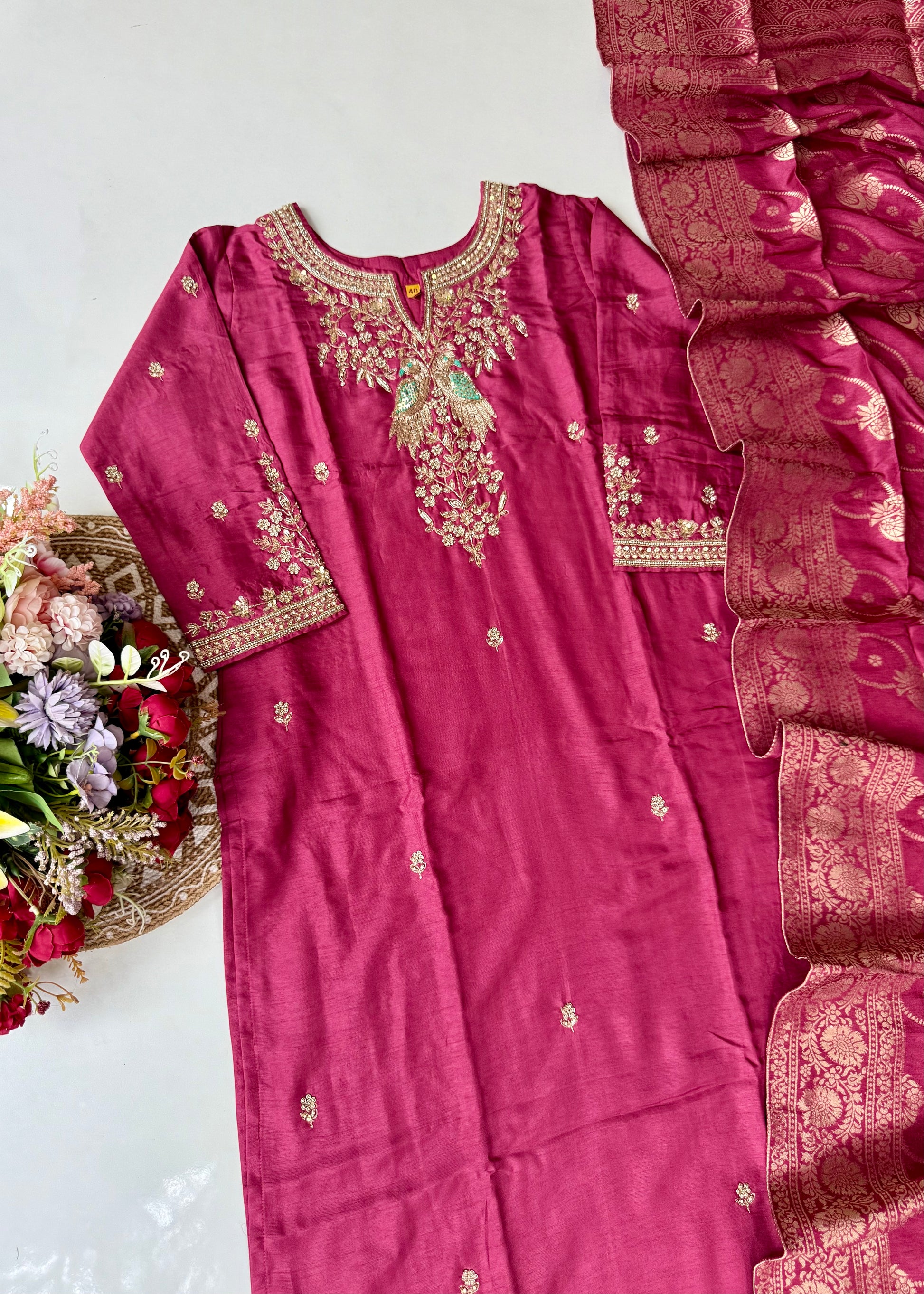 “Roses” Premium Wine Dola Silk handcrafted kurti bottom with Banarsi dupatta set