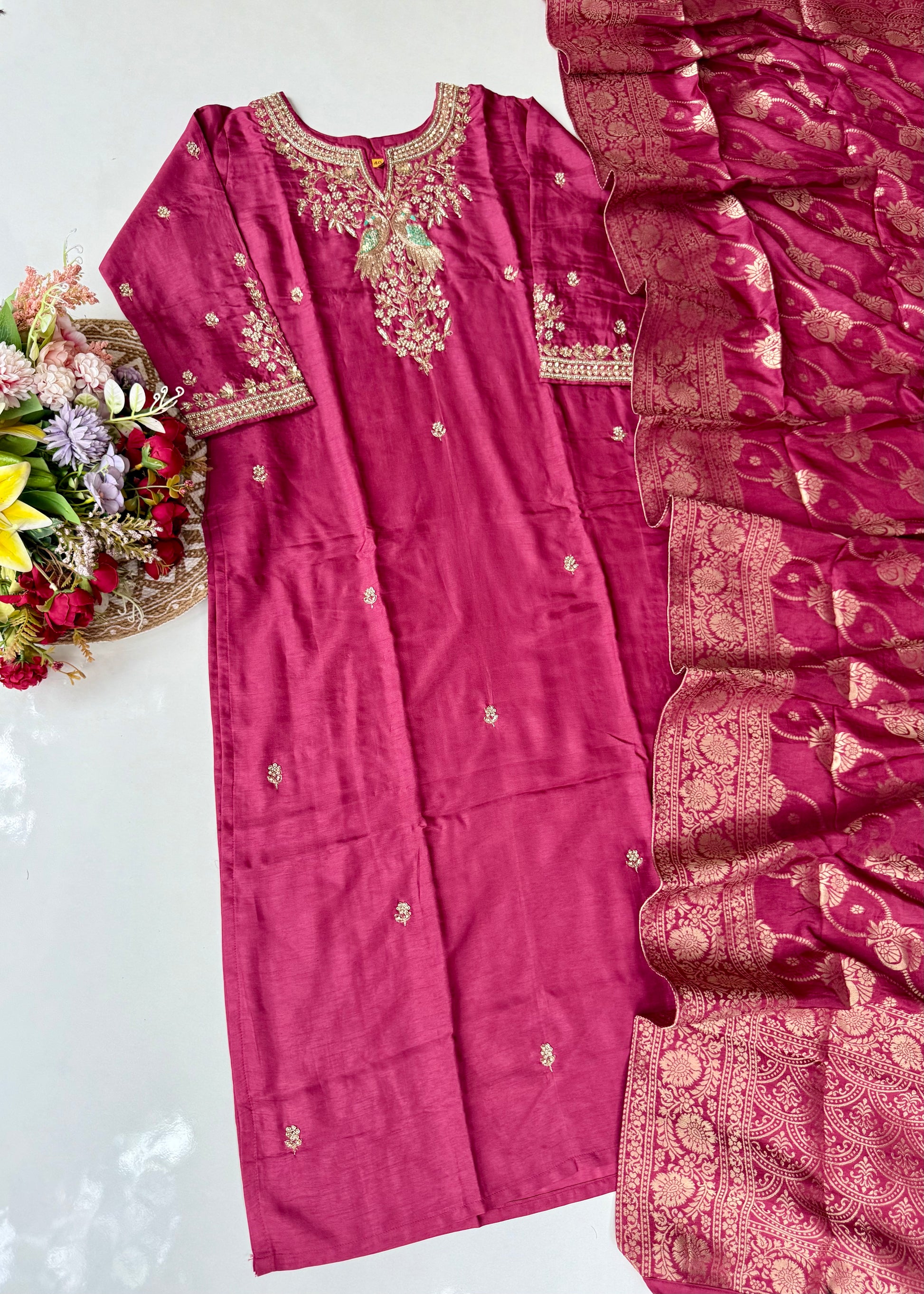 “Roses” Premium Wine Dola Silk handcrafted kurti bottom with Banarsi dupatta set