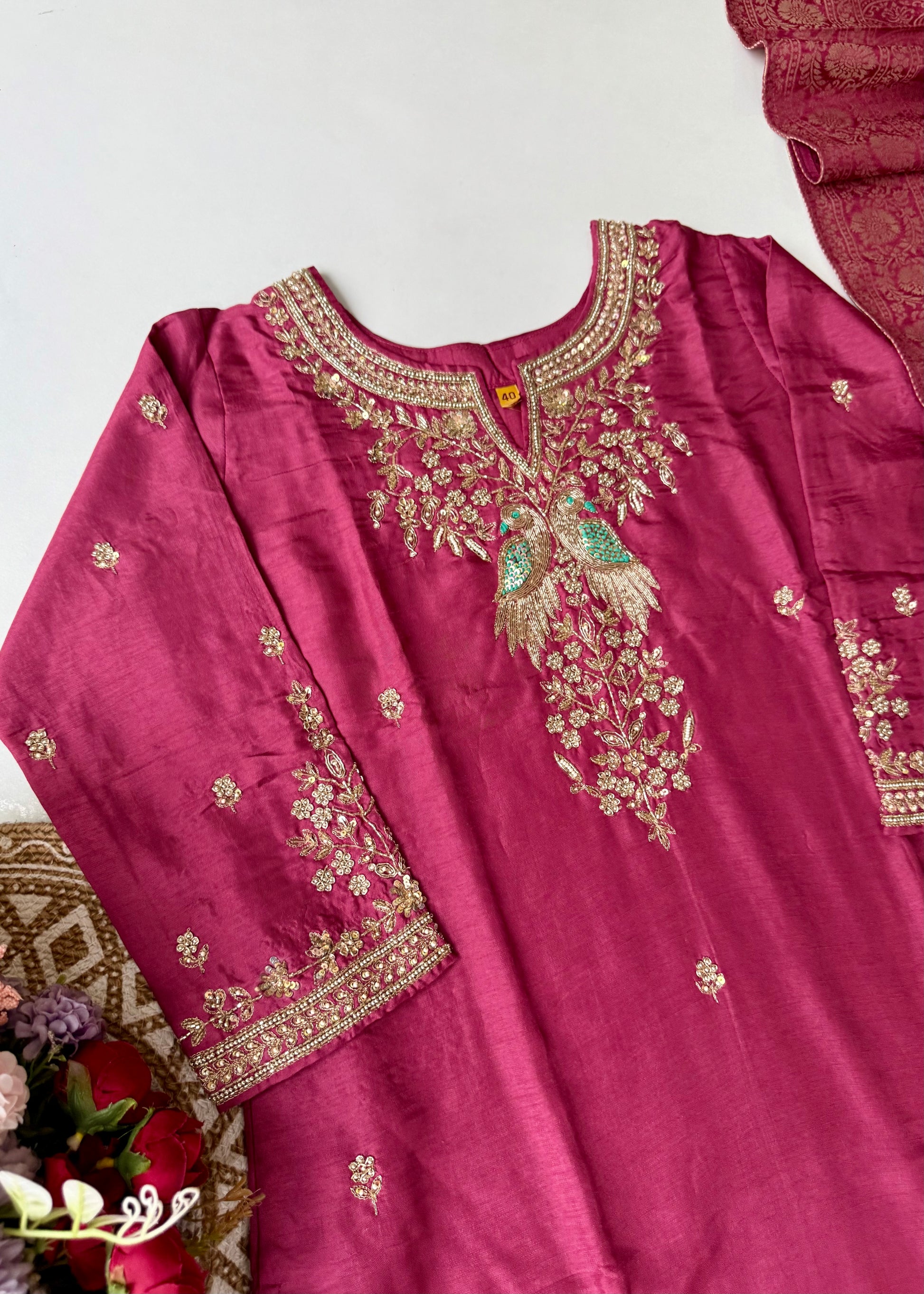 “Roses” Premium Wine Dola Silk handcrafted kurti bottom with Banarsi dupatta set