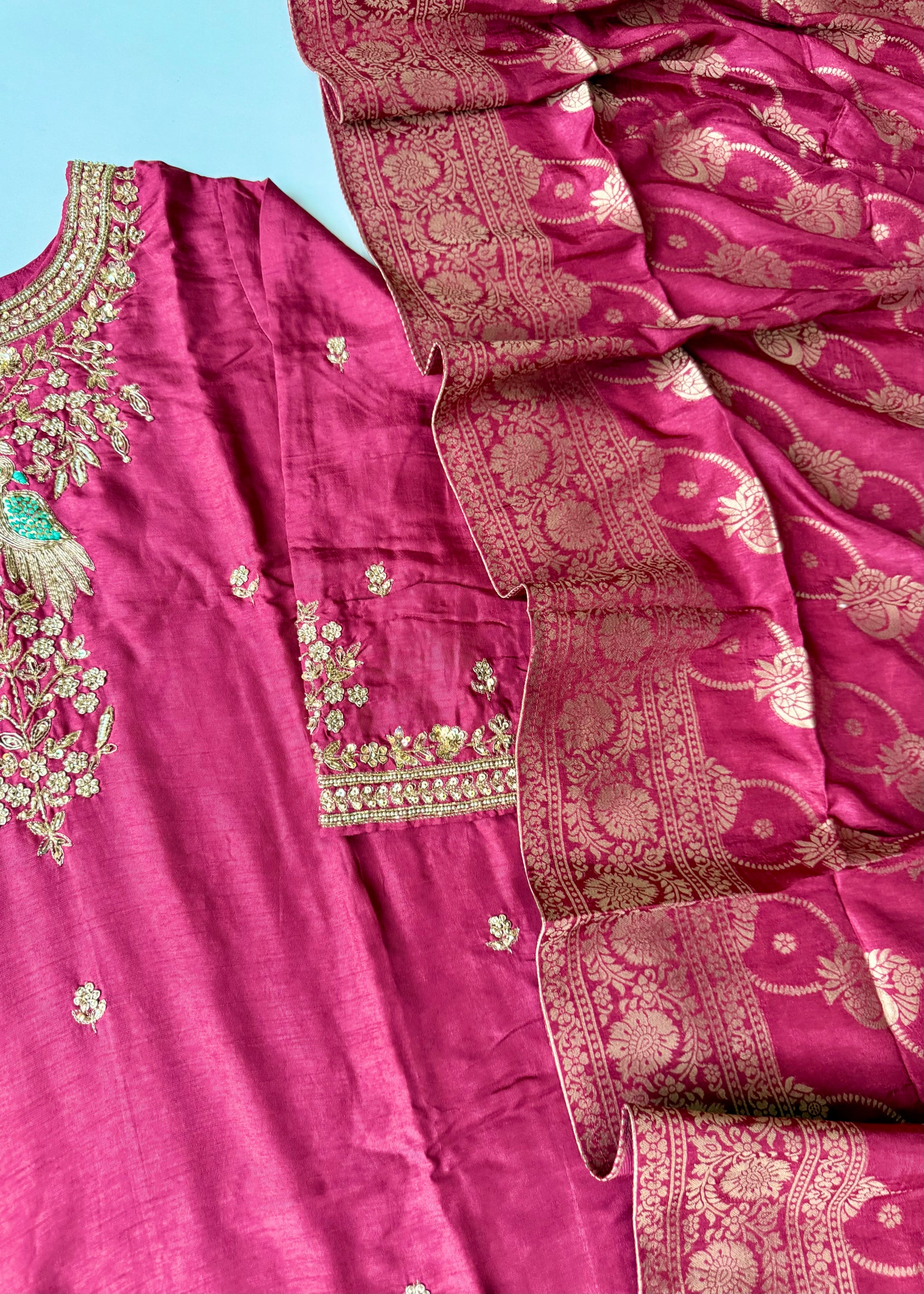 “Roses” Premium Wine Dola Silk handcrafted kurti bottom with Banarsi dupatta set