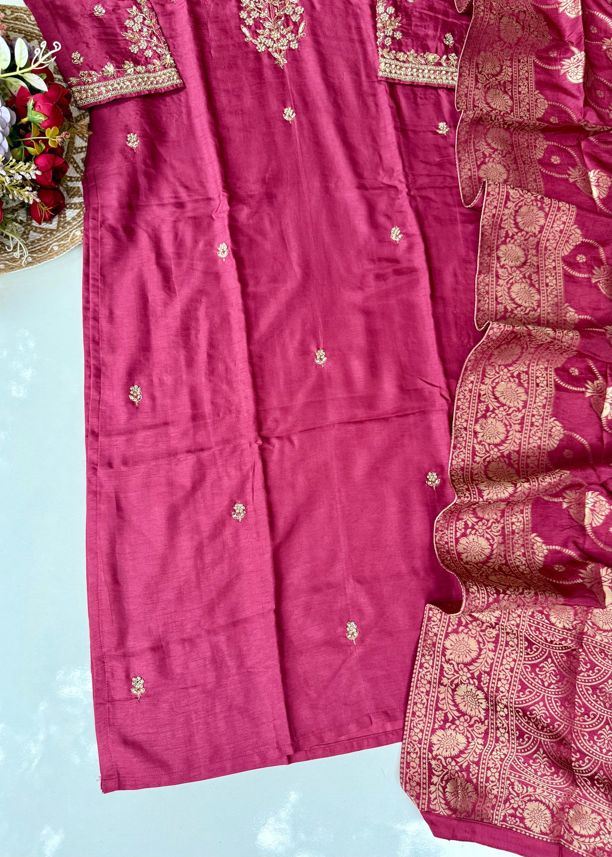 “Roses” Premium Wine Dola Silk handcrafted kurti bottom with Banarsi dupatta set