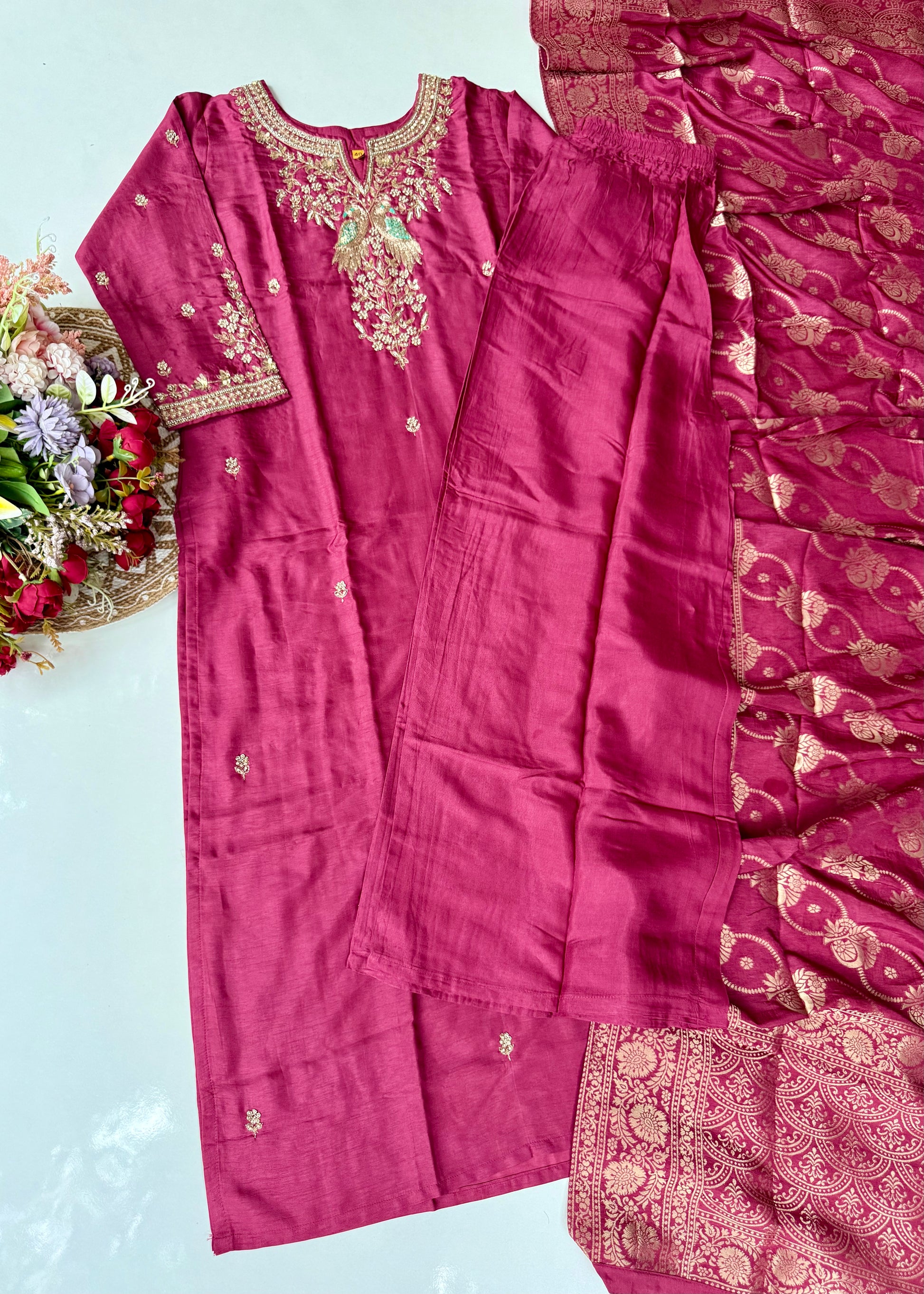 “Roses” Premium Wine Dola Silk handcrafted kurti bottom with Banarsi dupatta set