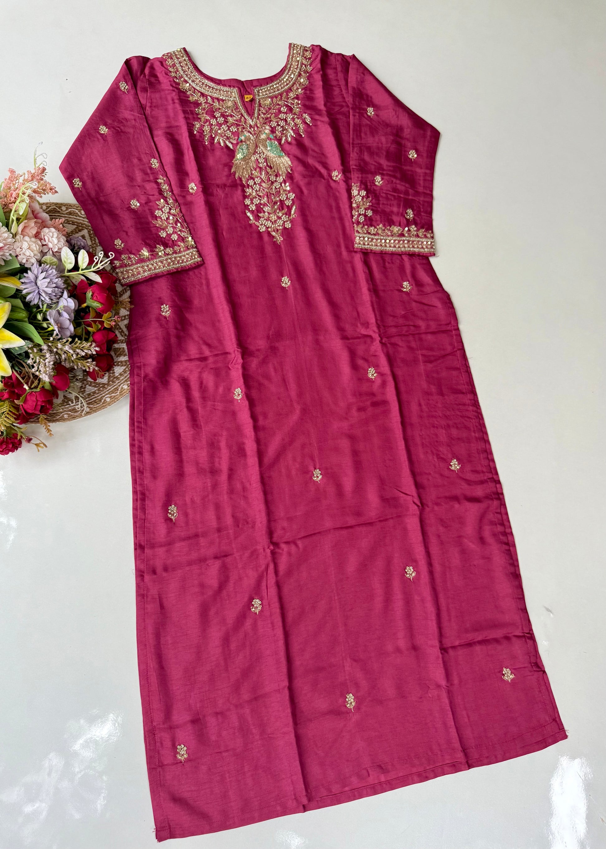 “Roses” Premium Wine Dola Silk handcrafted kurti bottom with Banarsi dupatta set