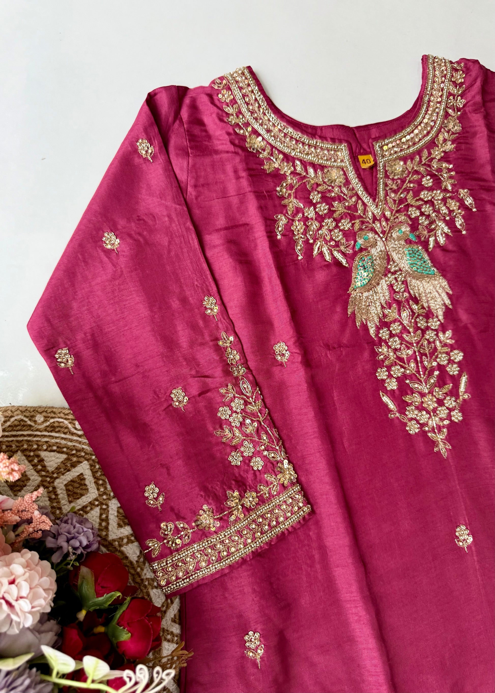 “Roses” Premium Wine Dola Silk handcrafted kurti bottom with Banarsi dupatta set