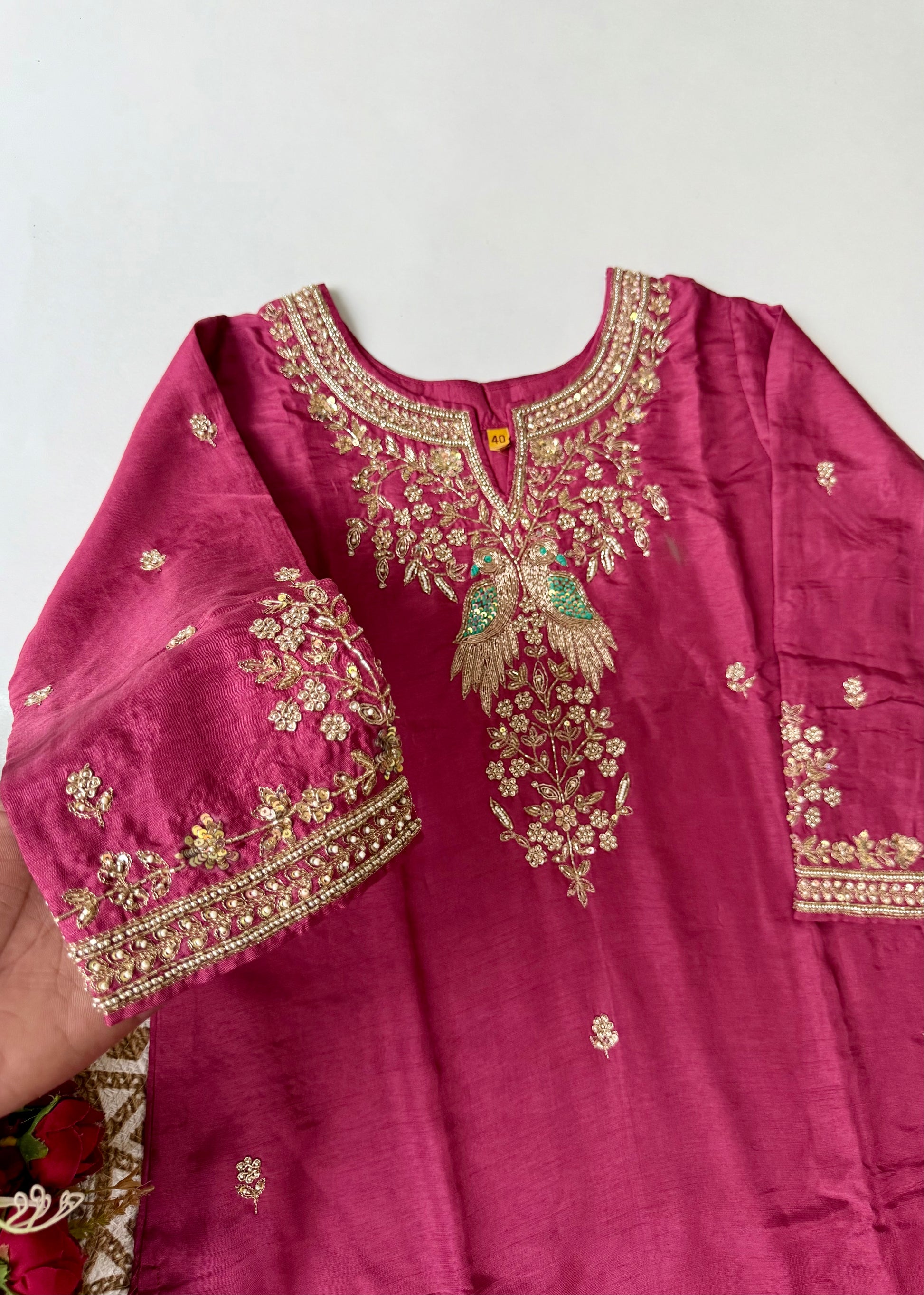 “Roses” Premium Wine Dola Silk handcrafted kurti bottom with Banarsi dupatta set