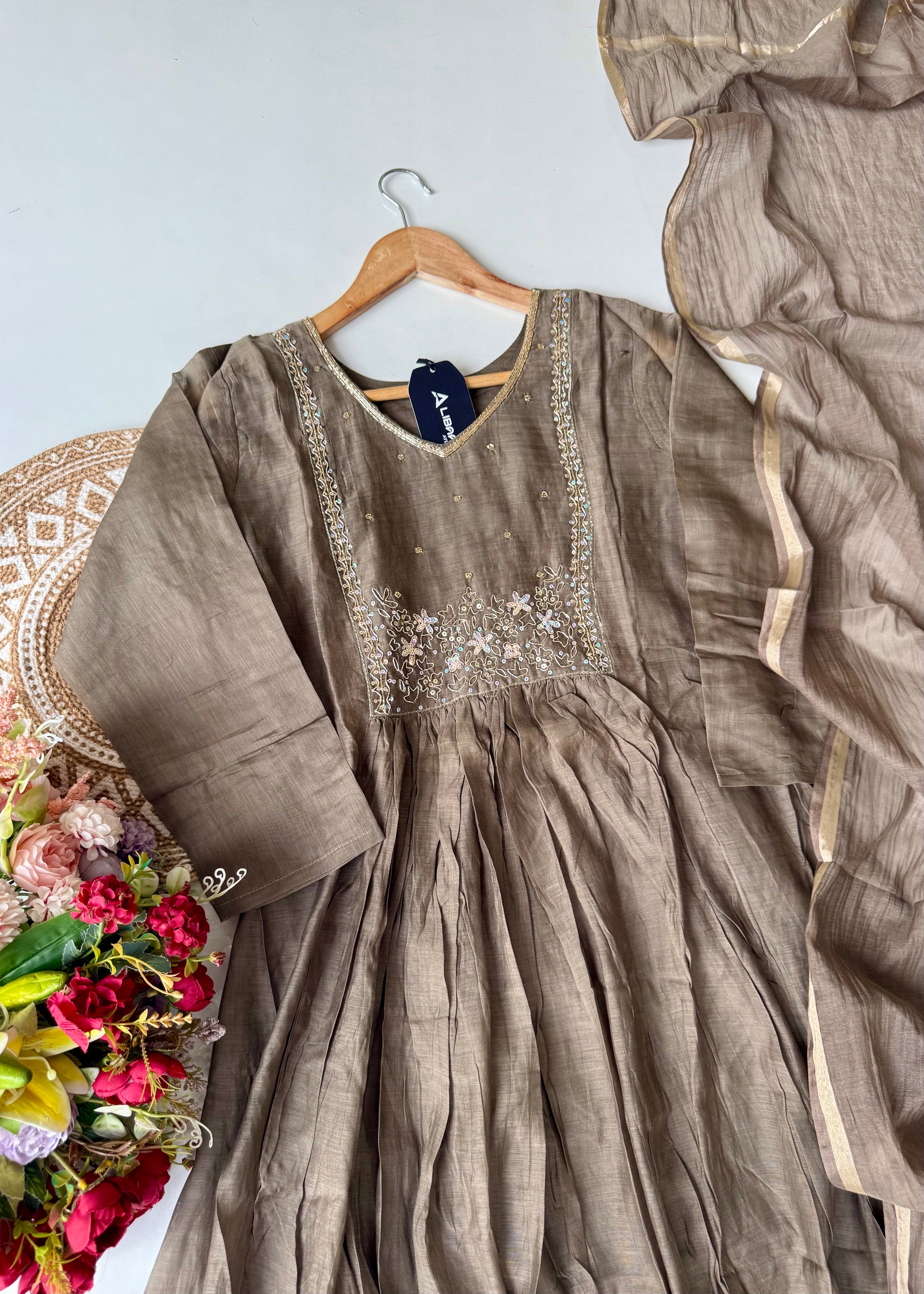 “Eiryan” Olive Brown Mul Chanderi Handwork Anarkali suit set